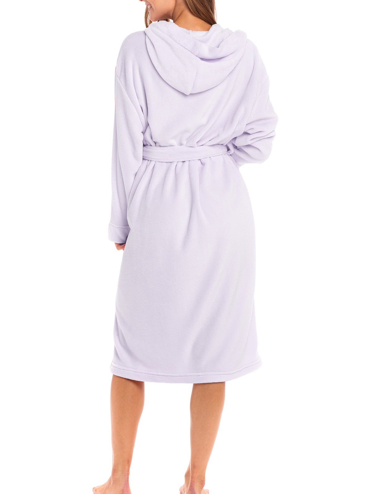 Women's Lavender Plush Fleece Robe with Hood, Lightweight Hooded Bathrobe with Pockets - Lavender - lifestyle