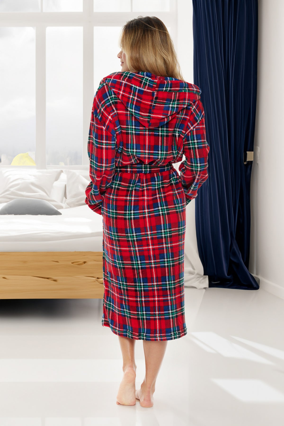 Women's Stewart Tartan Plaid Plush Fleece Robe with Hood, Lightweight Hooded Bathrobe with Pockets - Stewart Tartan Plaid - lifestyle