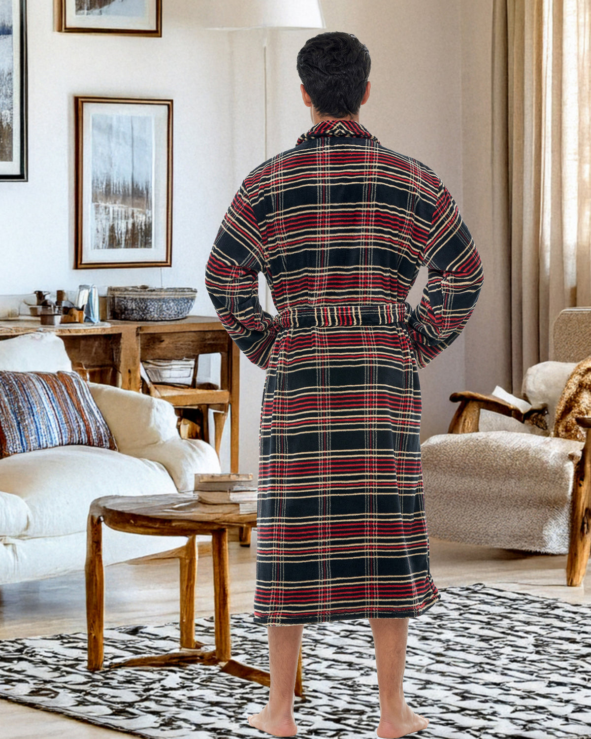 Men's Refined Tartan Plaid Classic Winter Robe, Plush Fleece Bathrobe