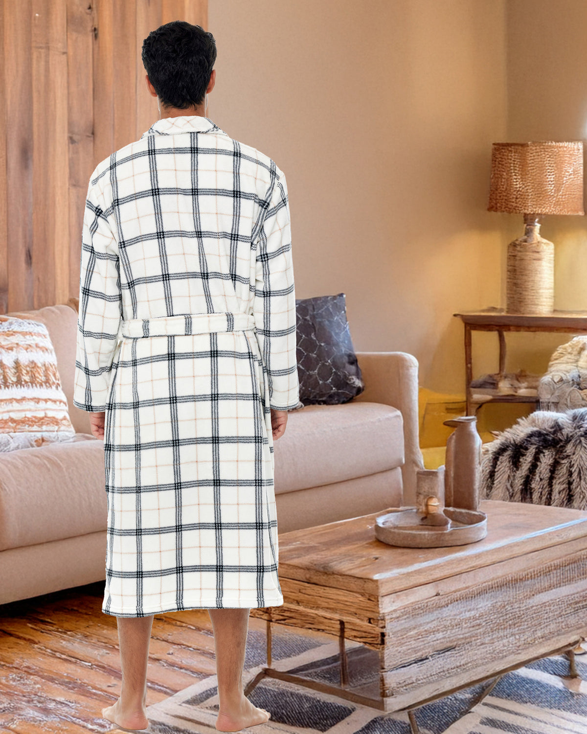 Men's Classic Neutral Plaid Classic Winter Robe, Plush Fleece Bathrobe