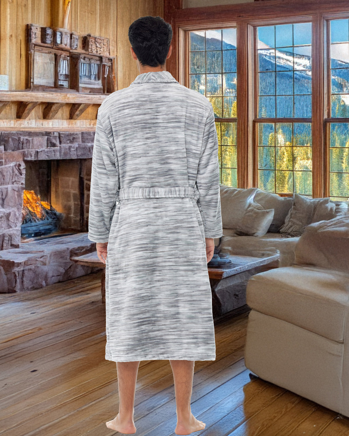 Men's Light Heathered Gray Classic Winter Robe, Plush Fleece Bathrobe