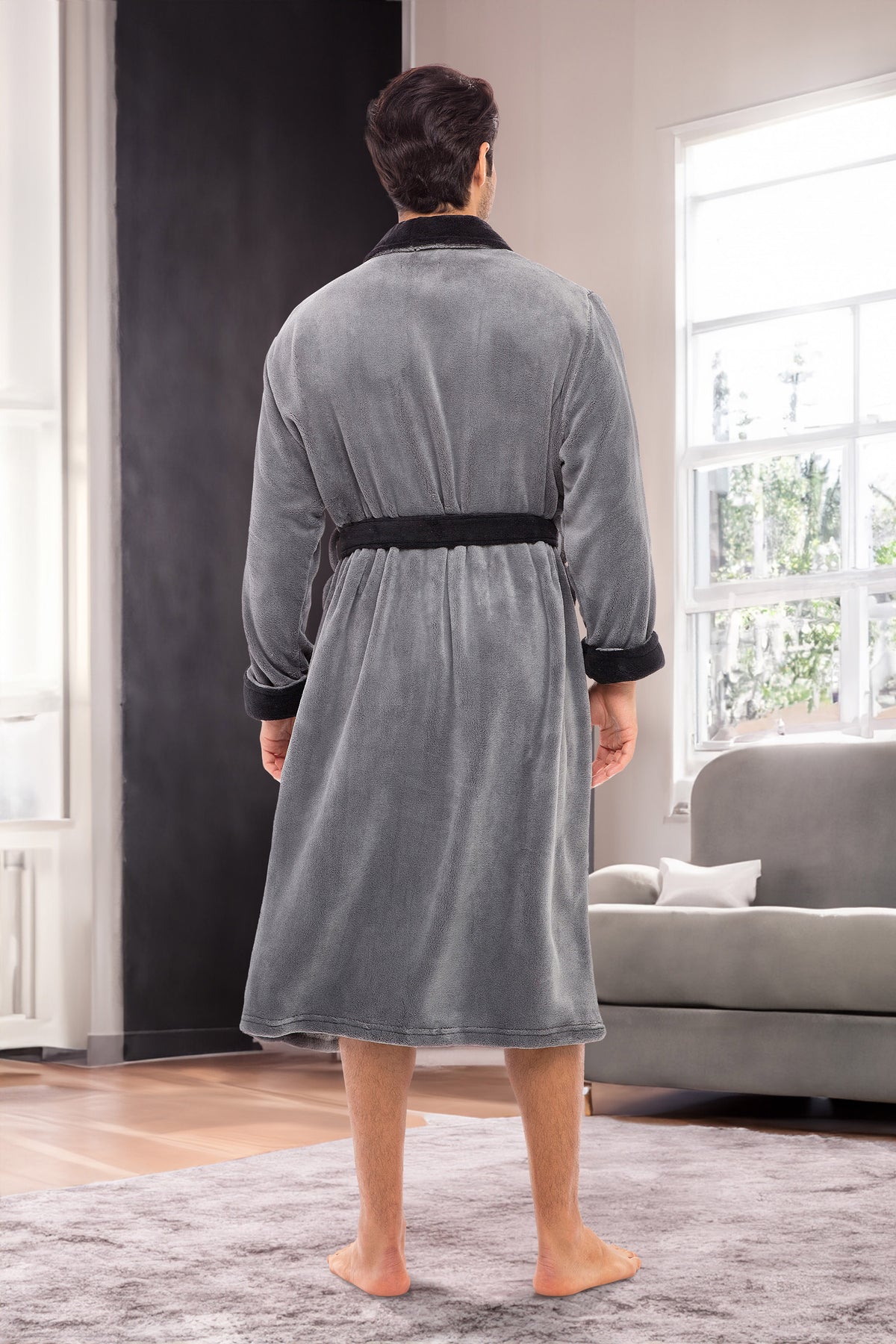 Men's Steel Gray with Black Classic Winter Robe, Plush Fleece Bathrobe