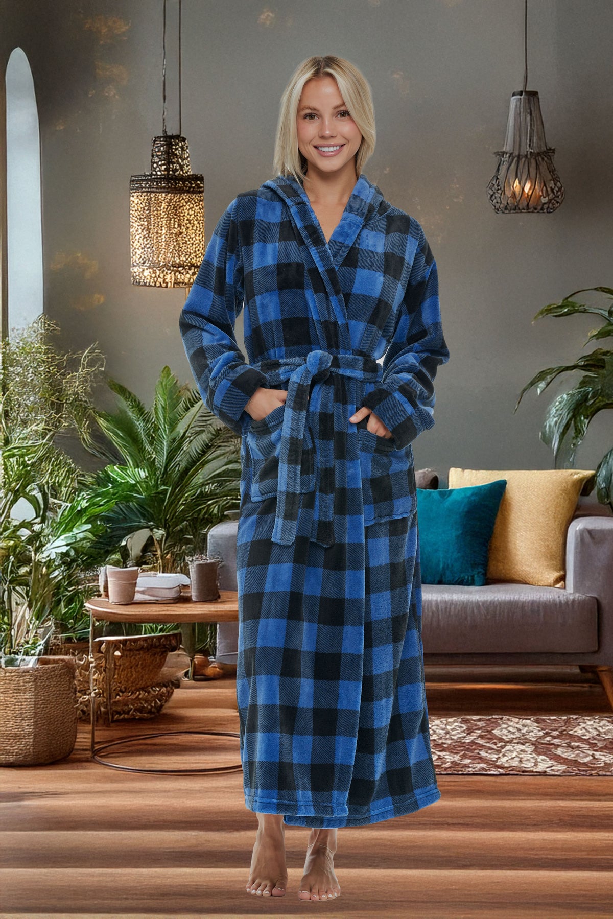 Blue Buffalo Check Plaid Plush Fleece Robe for Women, Long Hooded Bathrobe with Hood, Plus Size