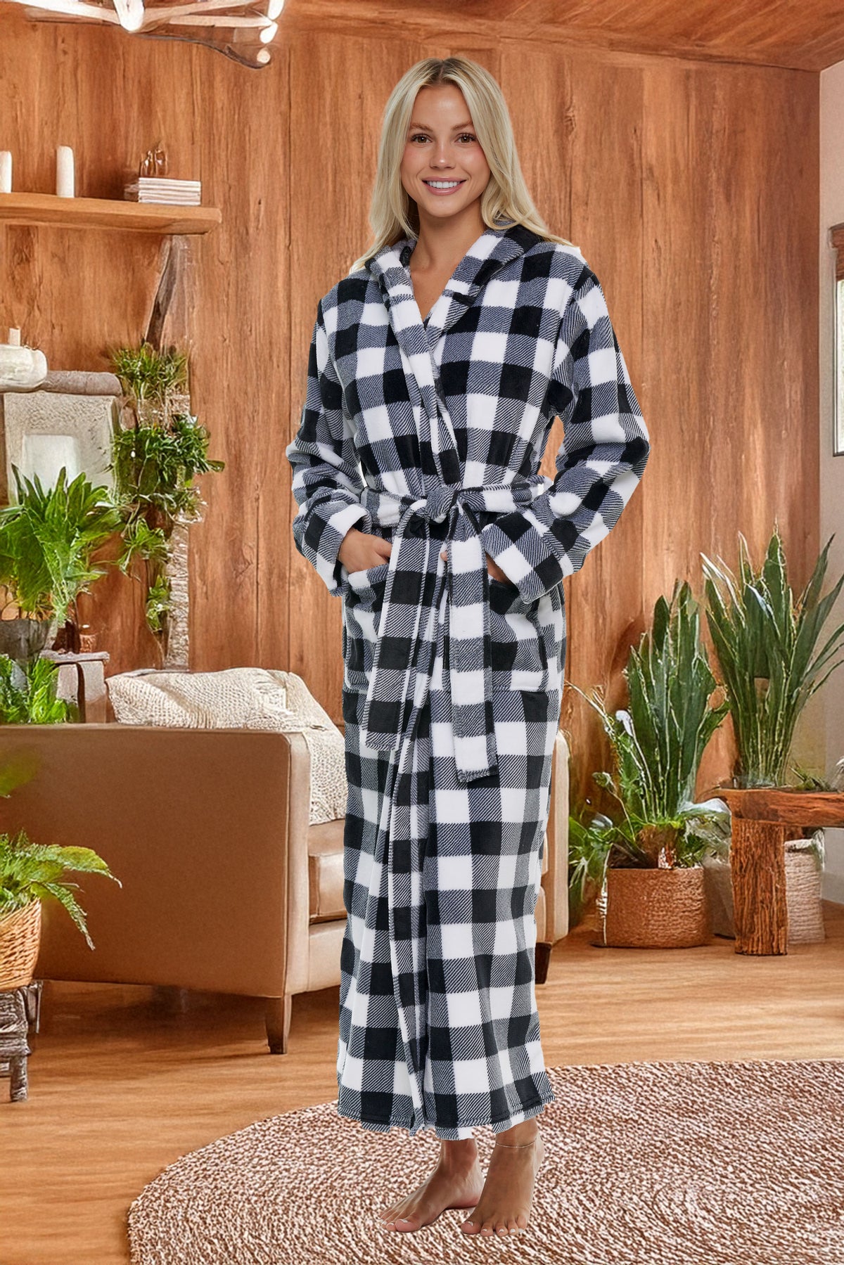 Buffalo Check White Black Plaid Plush Fleece Robe for Women, Long Hooded Bathrobe with Hood, Plus Size