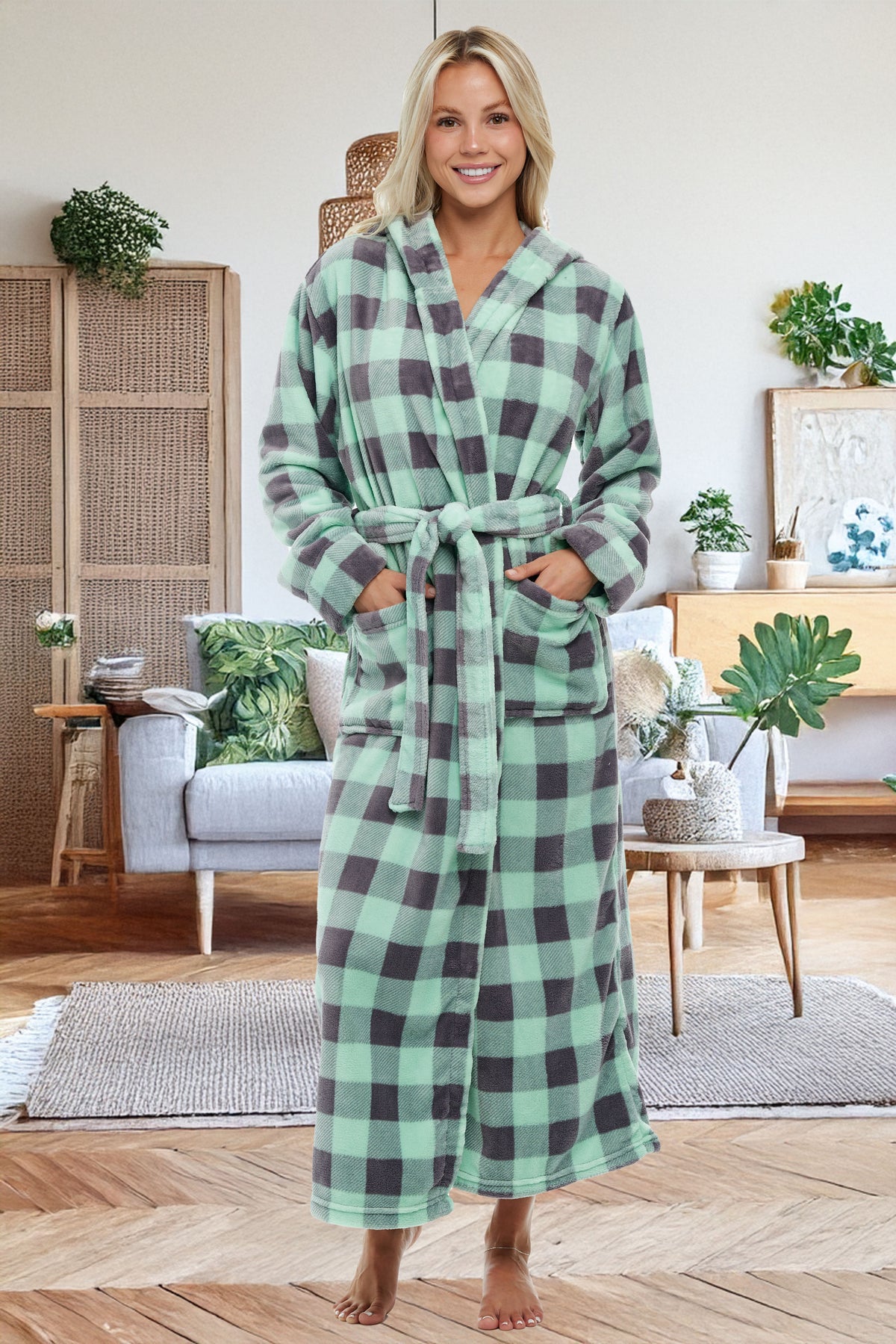 Buffalo Check Sage Gray Plaid Plush Fleece Robe for Women, Long Hooded Bathrobe with Hood, Plus Size