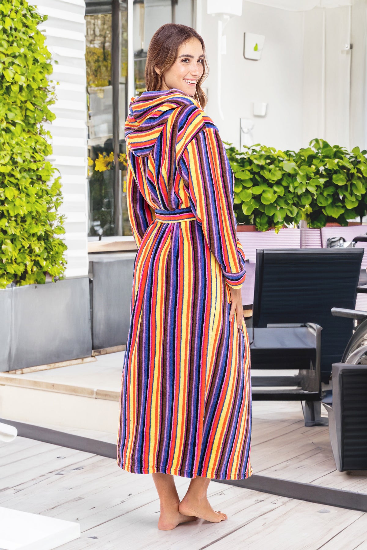 Candy Striped Plush Fleece Robe for Women, Long Hooded Bathrobe with Hood, Plus Size