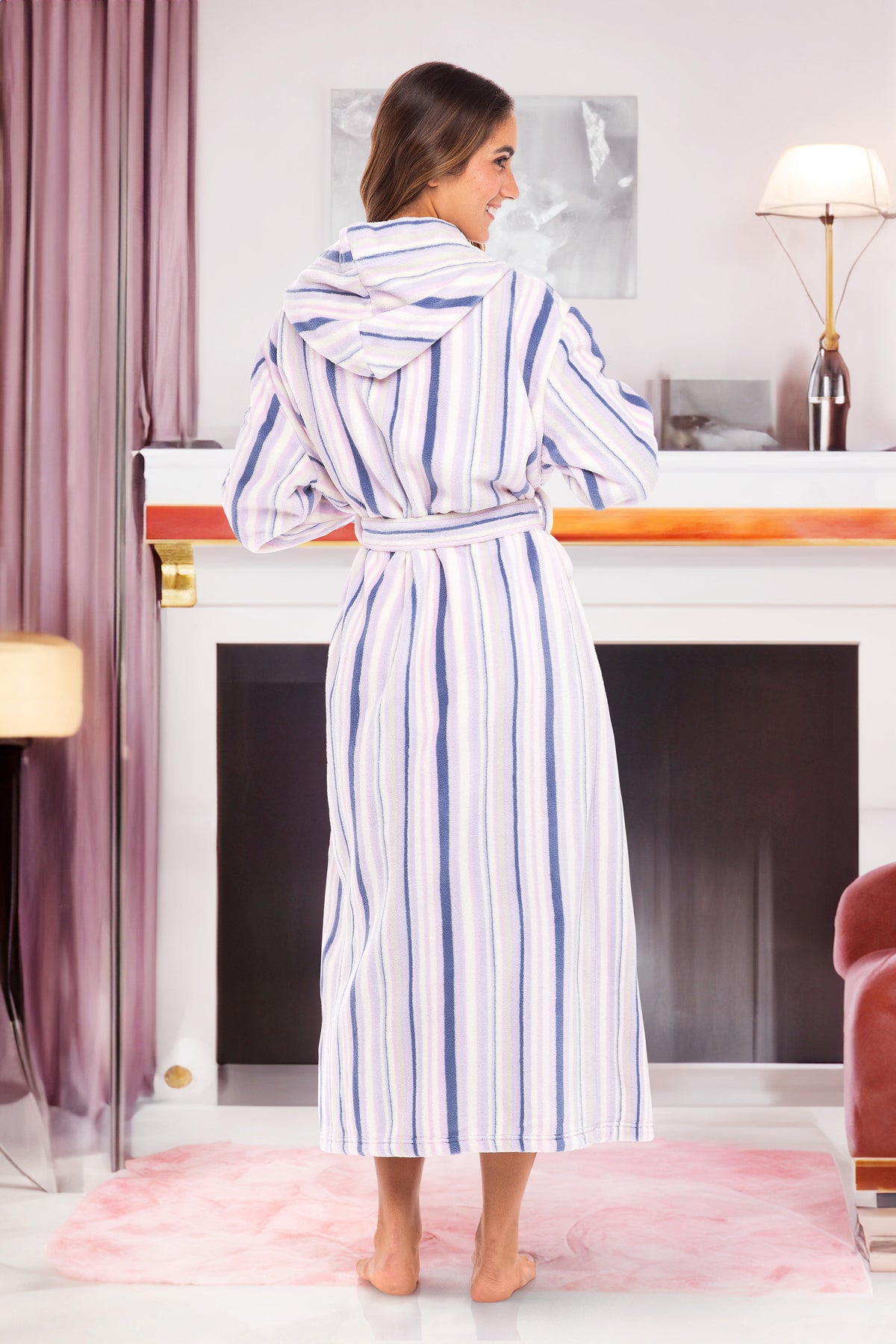 Striped Lavender Plush Fleece Robe for Women, Long Hooded Bathrobe with Hood, Plus Size