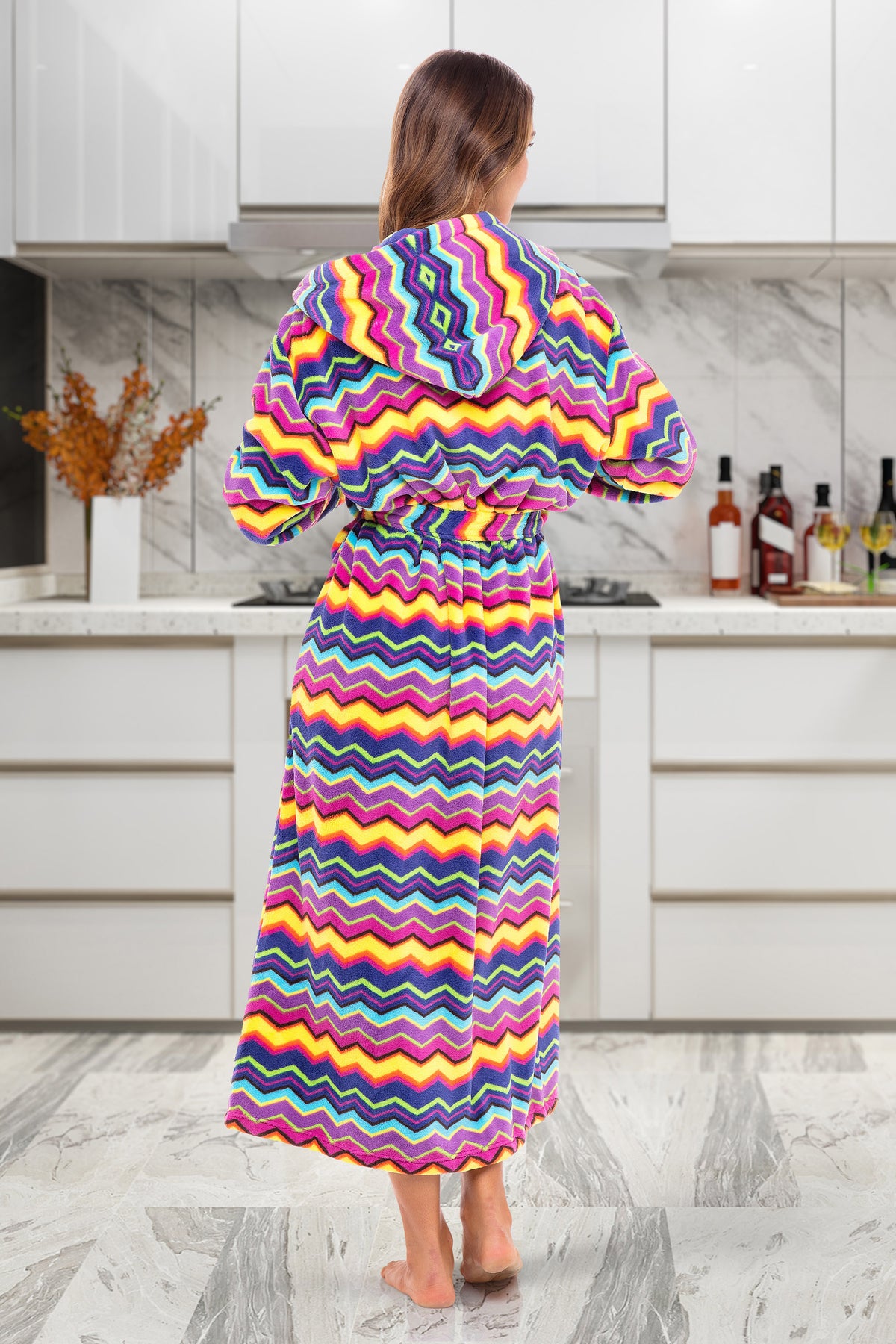 Psychedelic Chevron Fusion Plush Fleece Robe for Women, Long Hooded Bathrobe with Hood, Plus Size