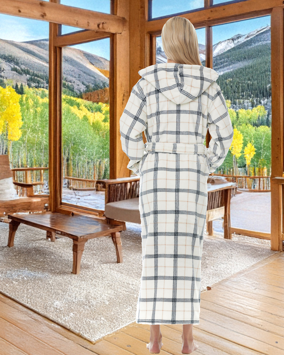 Classic Neutral Plaid Plush Fleece Robe for Women, Long Hooded Bathrobe with Hood, Plus Size