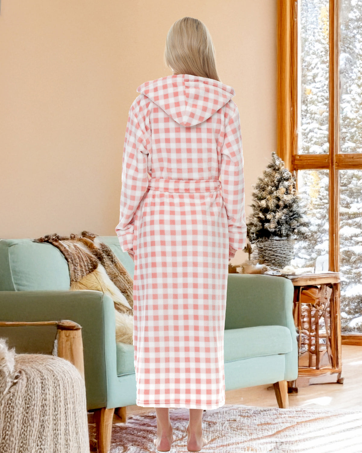 Blush Gingham Check Plush Fleece Robe for Women, Long Hooded Bathrobe with Hood, Plus Size