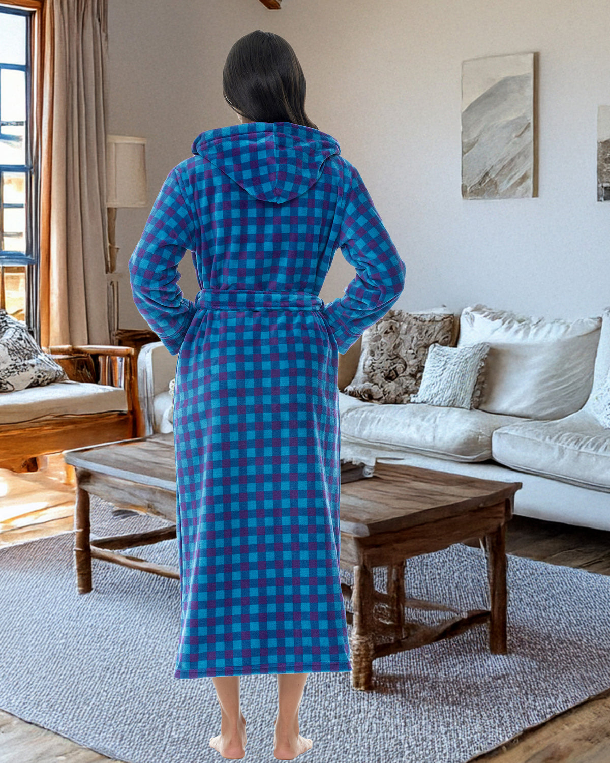 Twilight Gingham Check Plush Fleece Robe for Women, Long Hooded Bathrobe with Hood, Plus Size