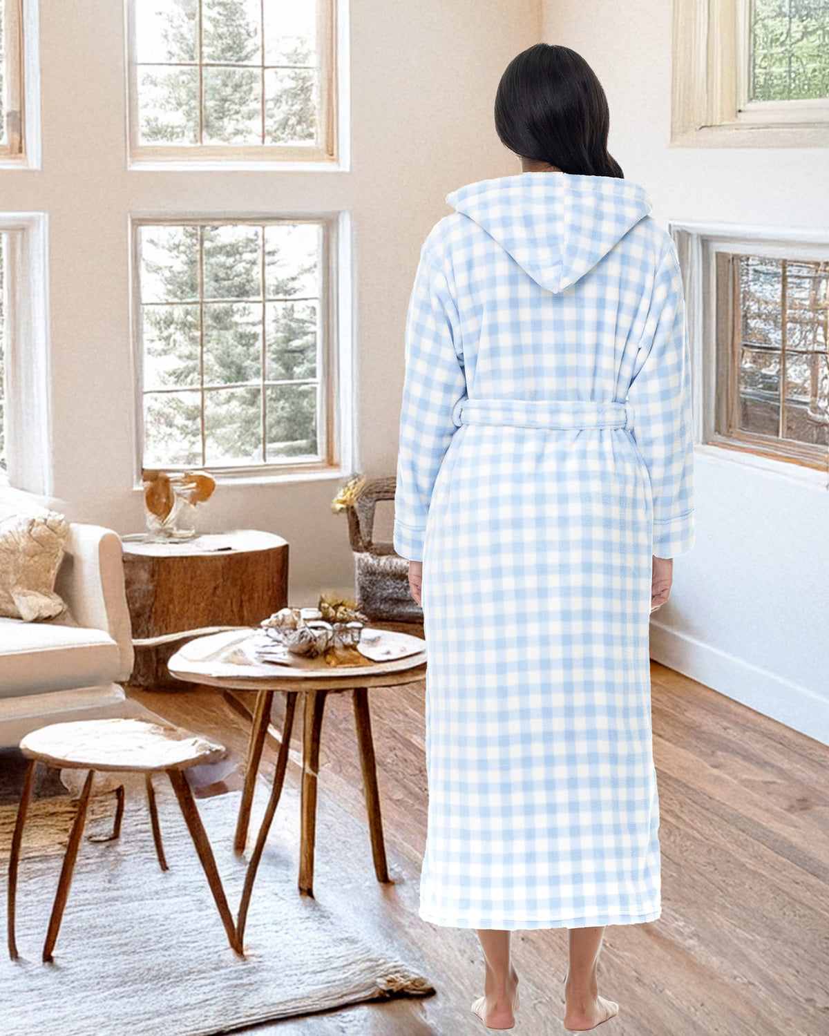 Tranquil Blues Gingham Check Plush Fleece Robe for Women, Long Hooded Bathrobe with Hood, Plus Size