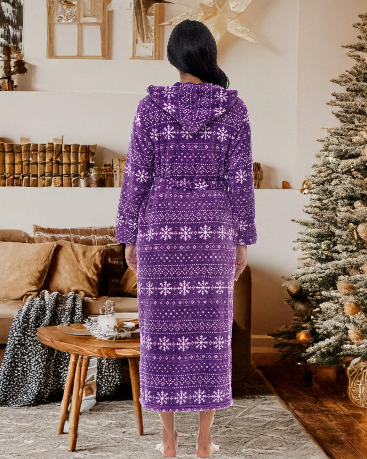 Snowflake Fair Isle Purple Plush Fleece Robe for Women, Long Hooded Bathrobe with Hood, Plus Size