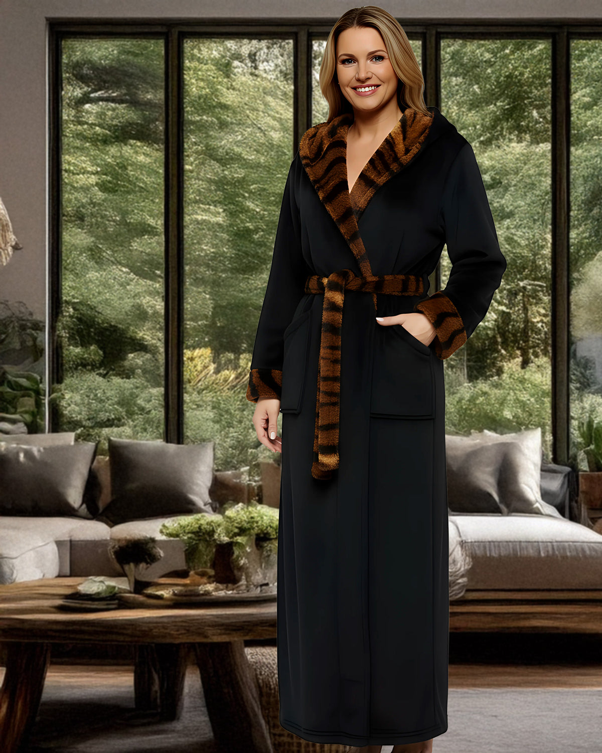 Tiger Print Accents Plush Fleece Robe for Women, Long Hooded Bathrobe with Hood, Plus Size