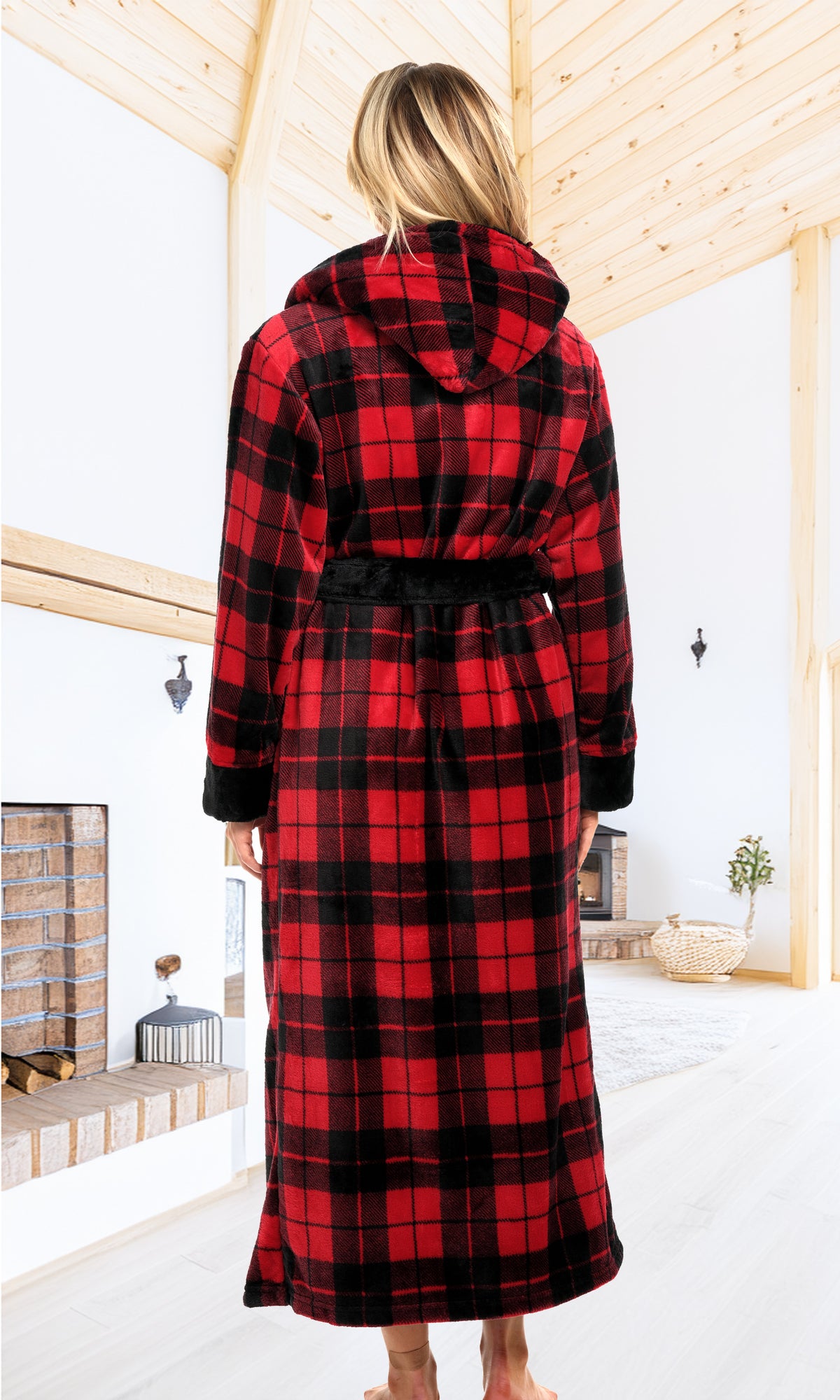 Red Black Plaid Contrast Plush Fleece Robe for Women, Long Hooded Bathrobe with Hood, Plus Size