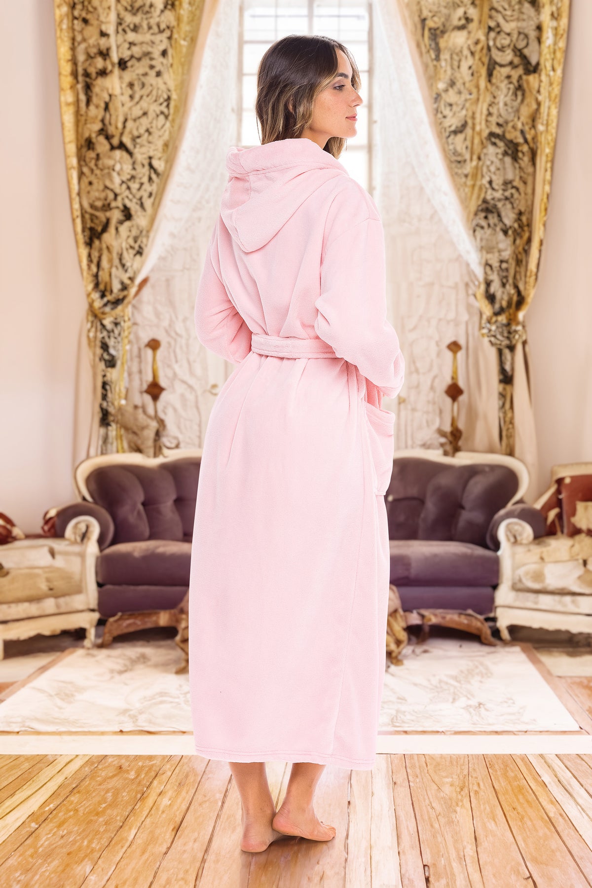 Pink Rose Quartz Plush Fleece Robe for Women, Long Hooded Bathrobe with Hood, Plus Size