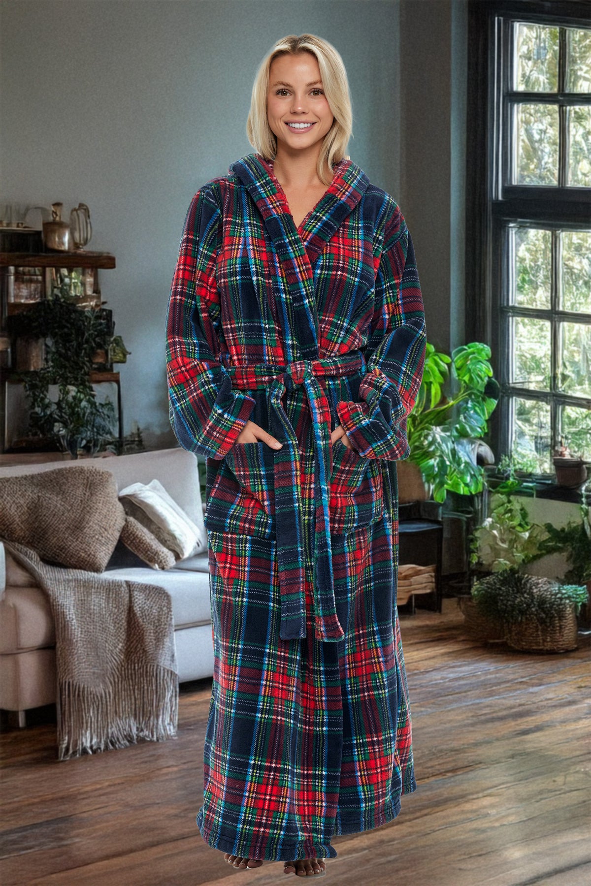 Classic Tartan Plaid Blue Plush Fleece Robe for Women, Long Hooded Bathrobe with Hood, Plus Size