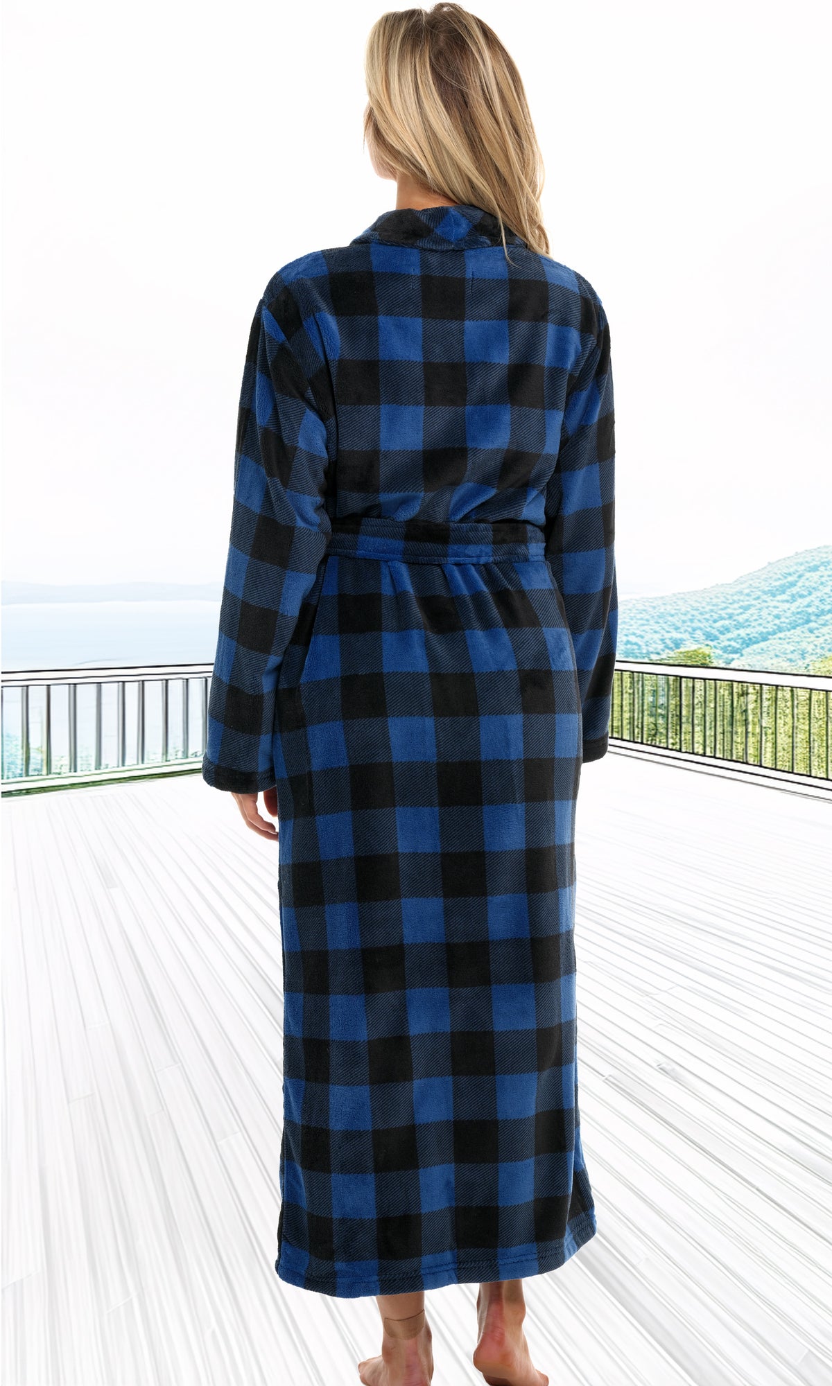 Blue Buffalo Check Plaid Plush Striped Robe for Women, Long Fleece Plaid Winter Bath Robe, Plus Size