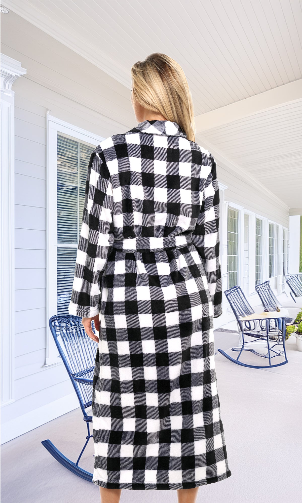 Buffalo Check White Black Plaid Plush Striped Robe for Women, Long Fleece Plaid Winter Bath Robe, Plus Size