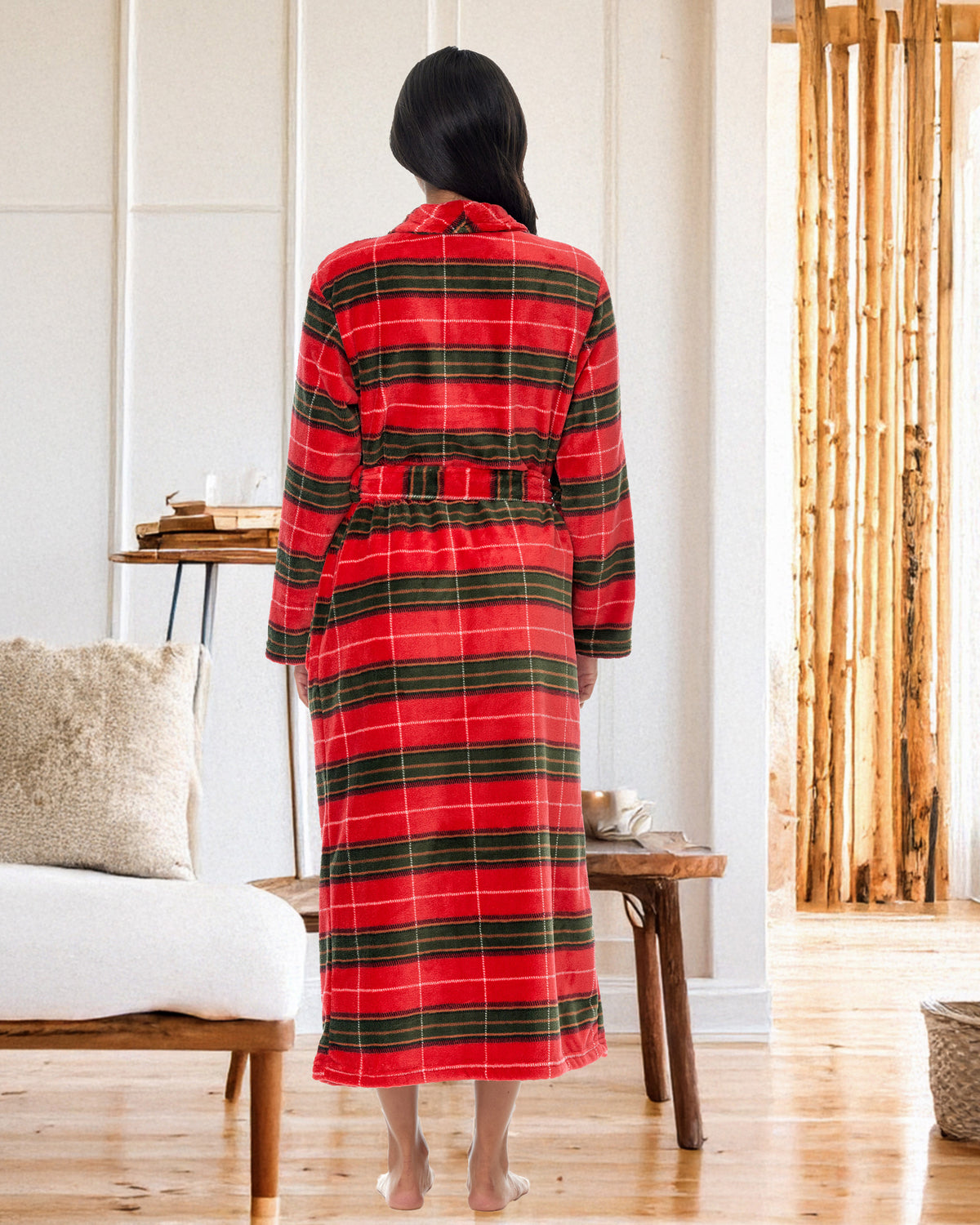 Autumn Harvest Plaid Plush Striped Robe for Women, Long Fleece Plaid Winter Bath Robe, Plus Size