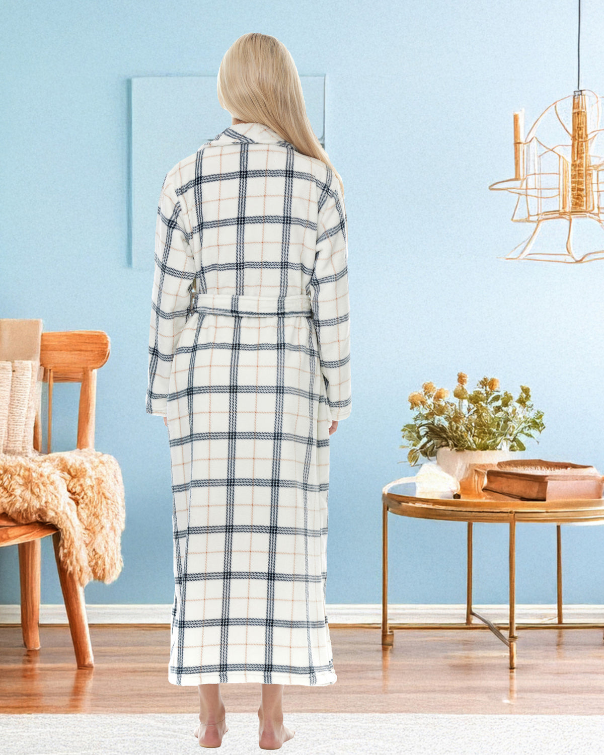 Classic Neutral Plaid Plush Striped Robe for Women, Long Fleece Plaid Winter Bath Robe, Plus Size