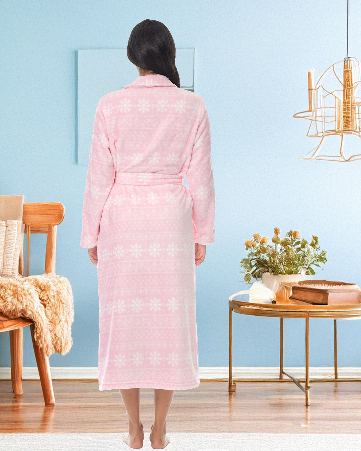 Snowflake Fair Isle Pink Plush Striped Robe for Women, Long Fleece Plaid Winter Bath Robe, Plus Size