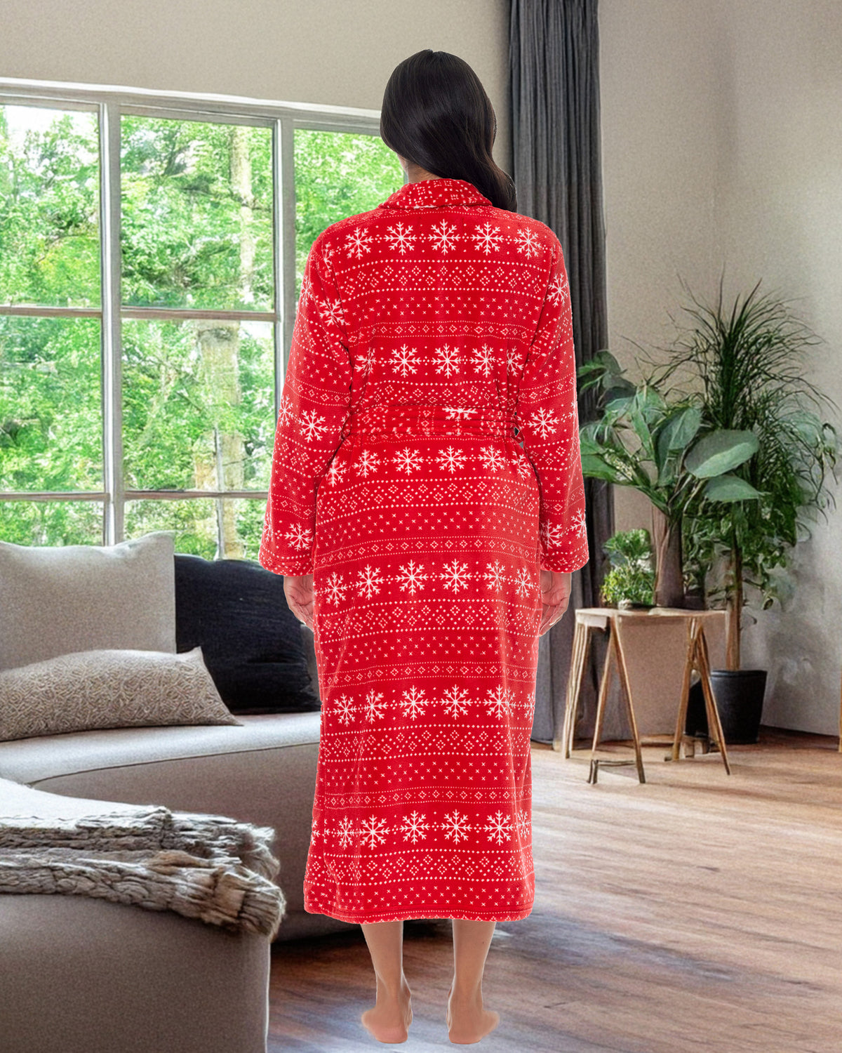 Snowflake Fair Isle Red Plush Striped Robe for Women, Long Fleece Plaid Winter Bath Robe, Plus Size