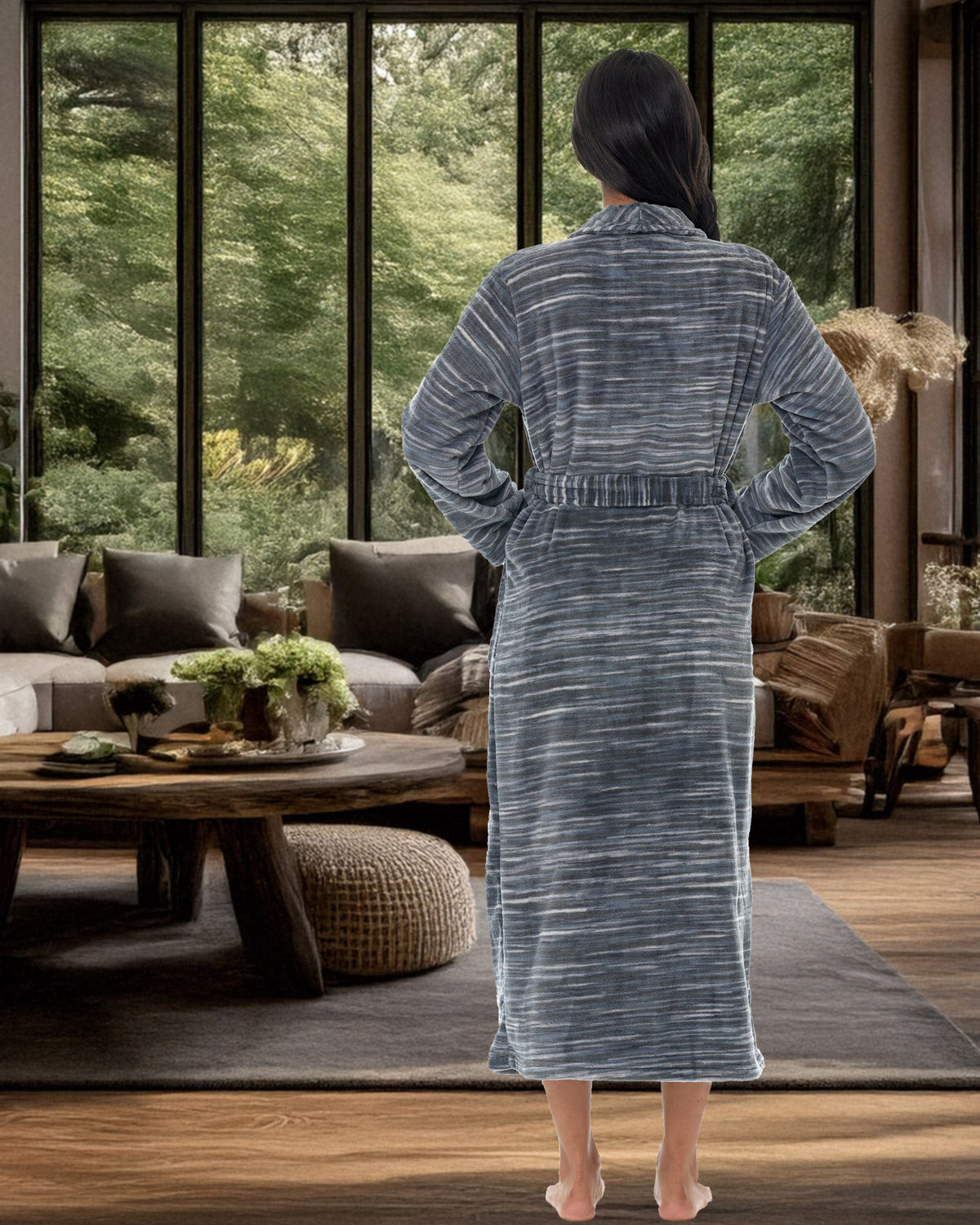 Dark Heathered Gray Plush Striped Robe for Women, Long Fleece Plaid Winter Bath Robe, Plus Size