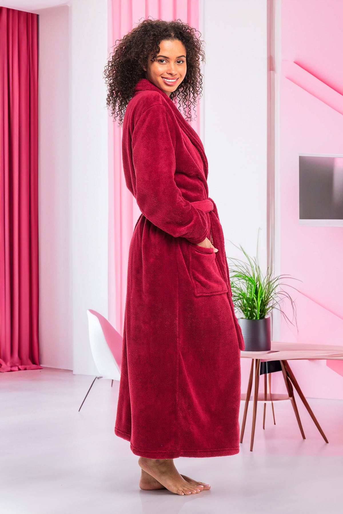 Burgundy Plush Striped Robe for Women, Long Fleece Plaid Winter Bath Robe, Plus Size