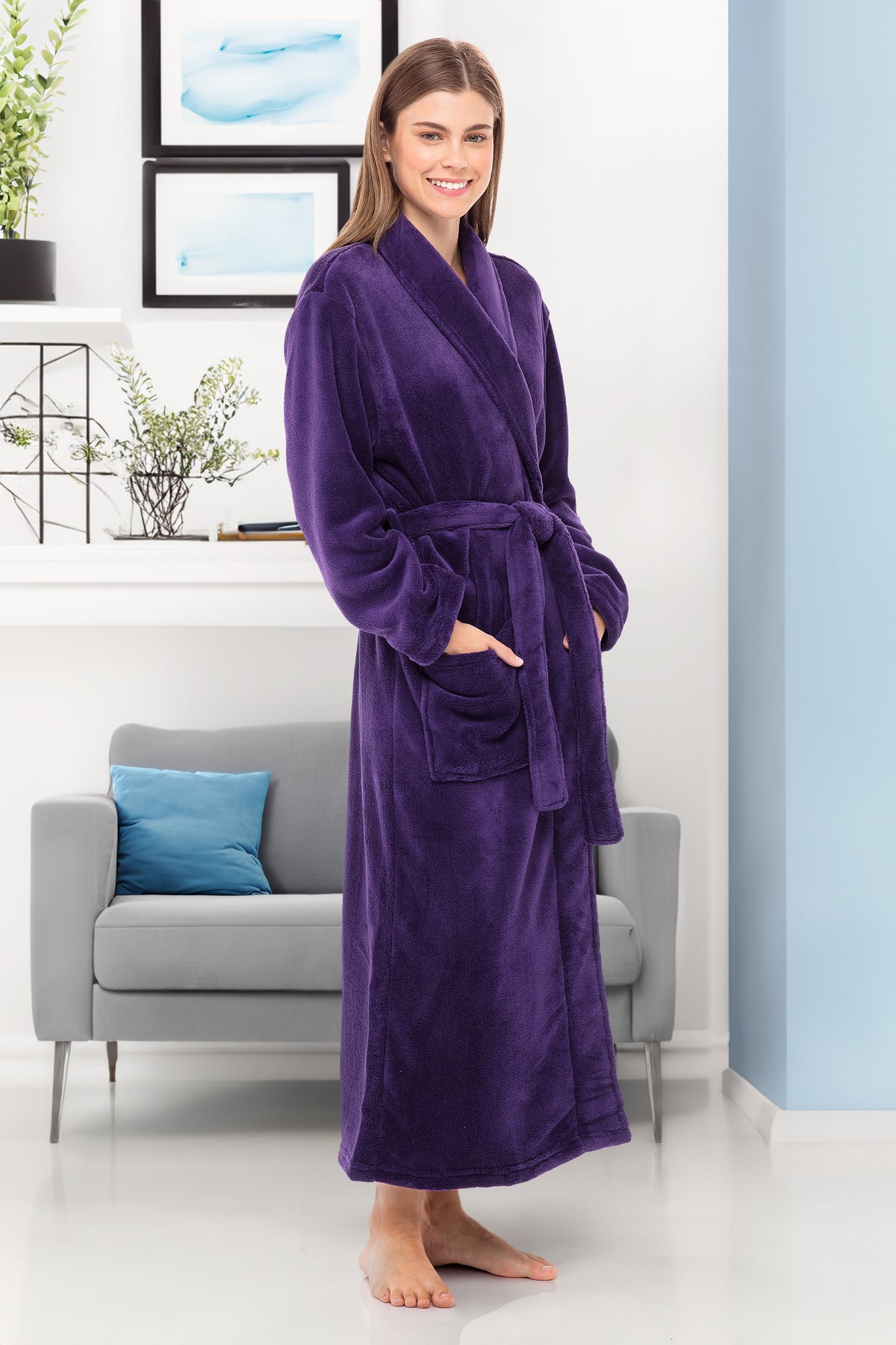Purple Plush Striped Robe for Women, Long Fleece Plaid Winter Bath Robe, Plus Size
