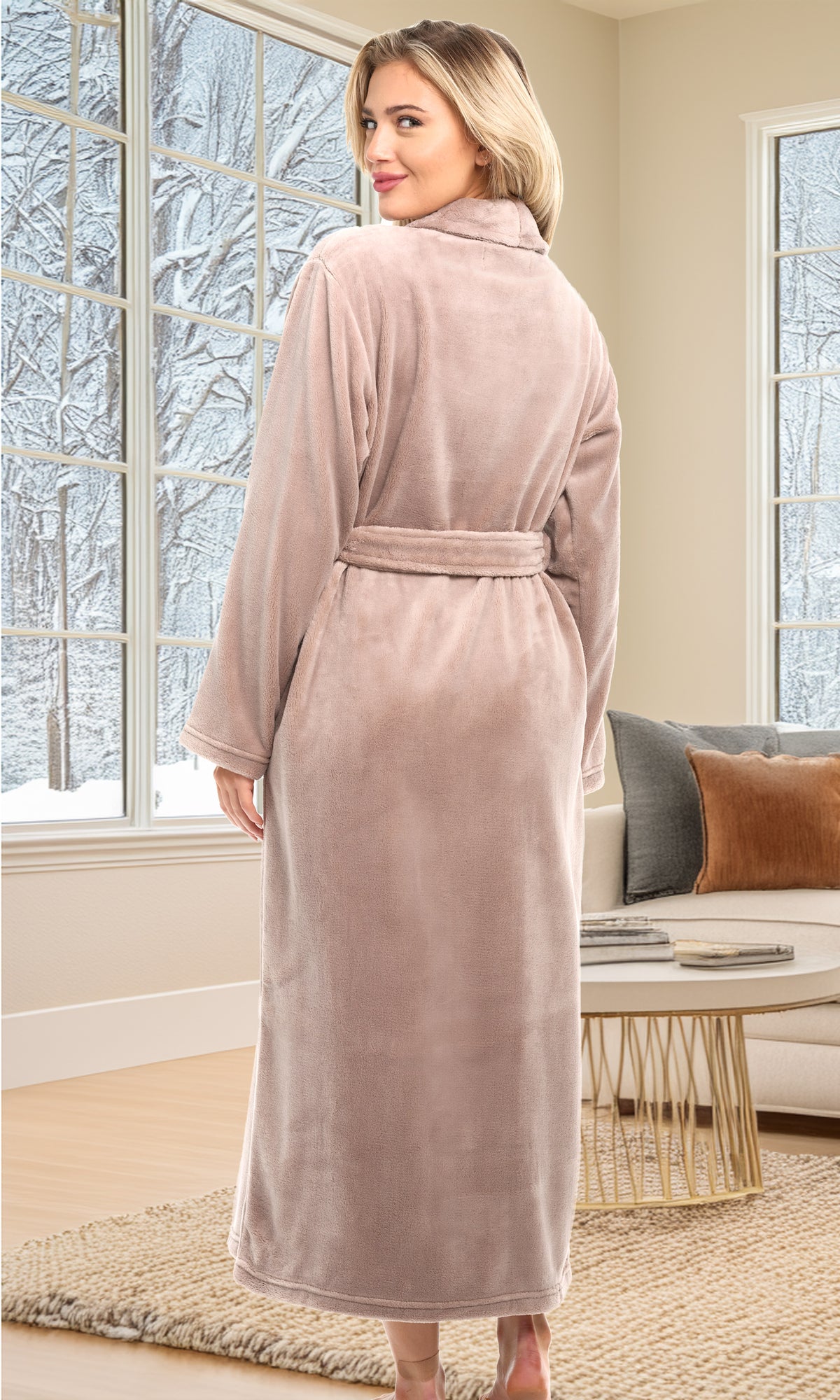 Rose Taupe Plush Striped Robe for Women, Long Fleece Plaid Winter Bath Robe, Plus Size