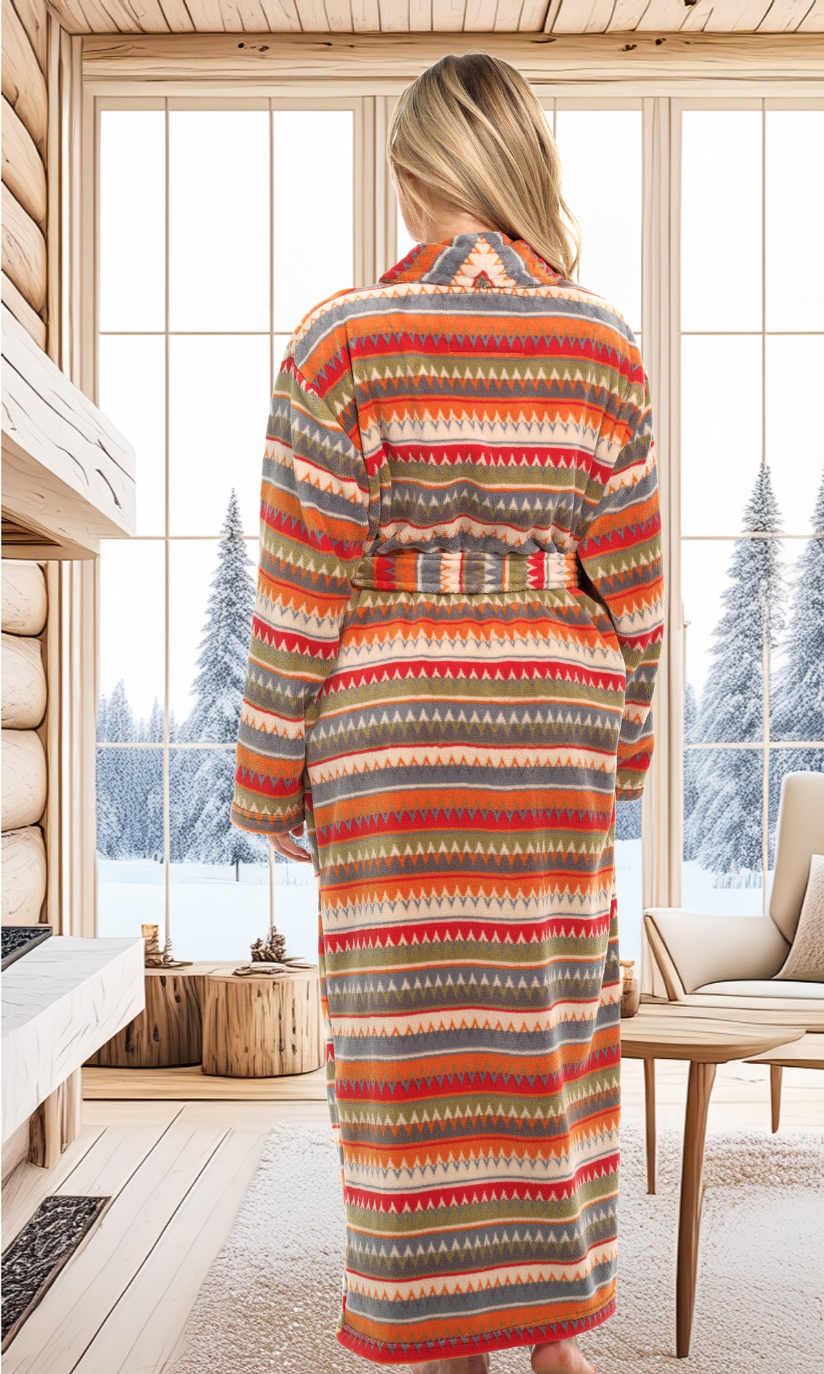 Aztec Inspired Sunrise Plush Striped Robe for Women, Long Fleece Plaid Winter Bath Robe, Plus Size