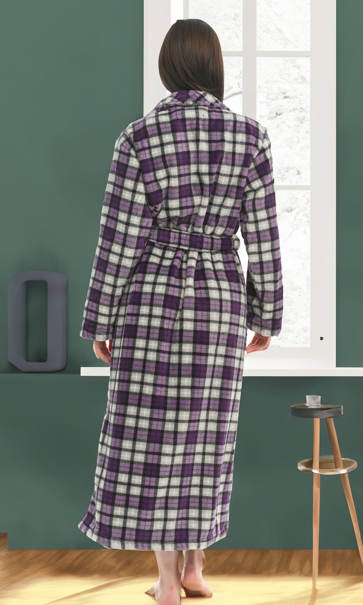 Lavender Tartan Plaid Plush Striped Robe for Women, Long Fleece Plaid Winter Bath Robe, Plus Size