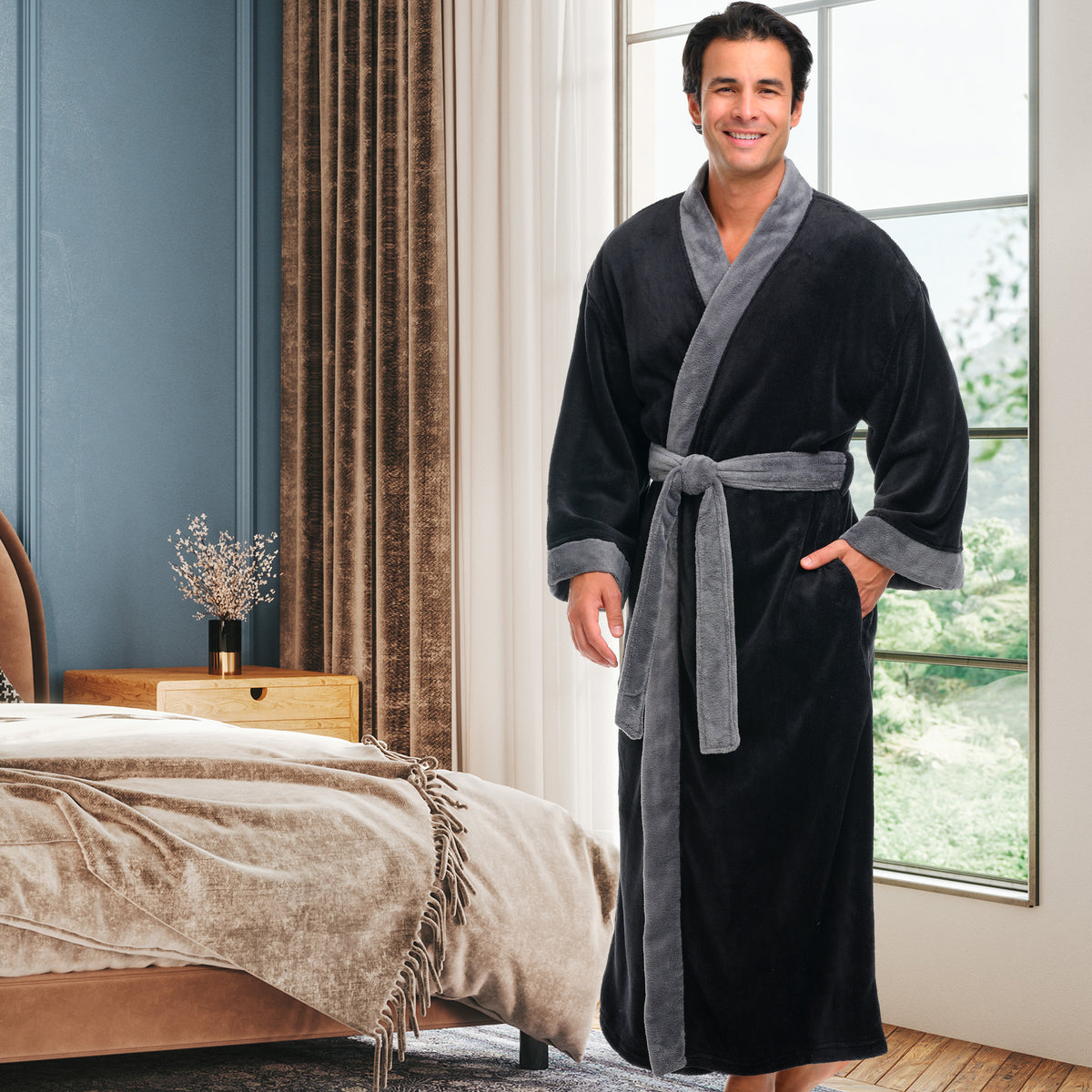 Mens Black with Gray Kimono Robe, Japanese Robe for Men