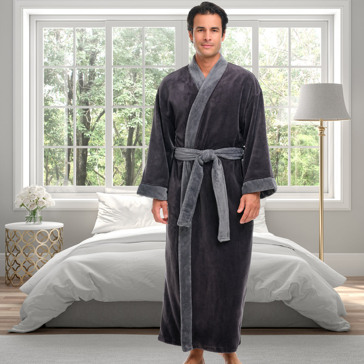 Mens Gray on Gray Kimono Robe, Japanese Robe for Men