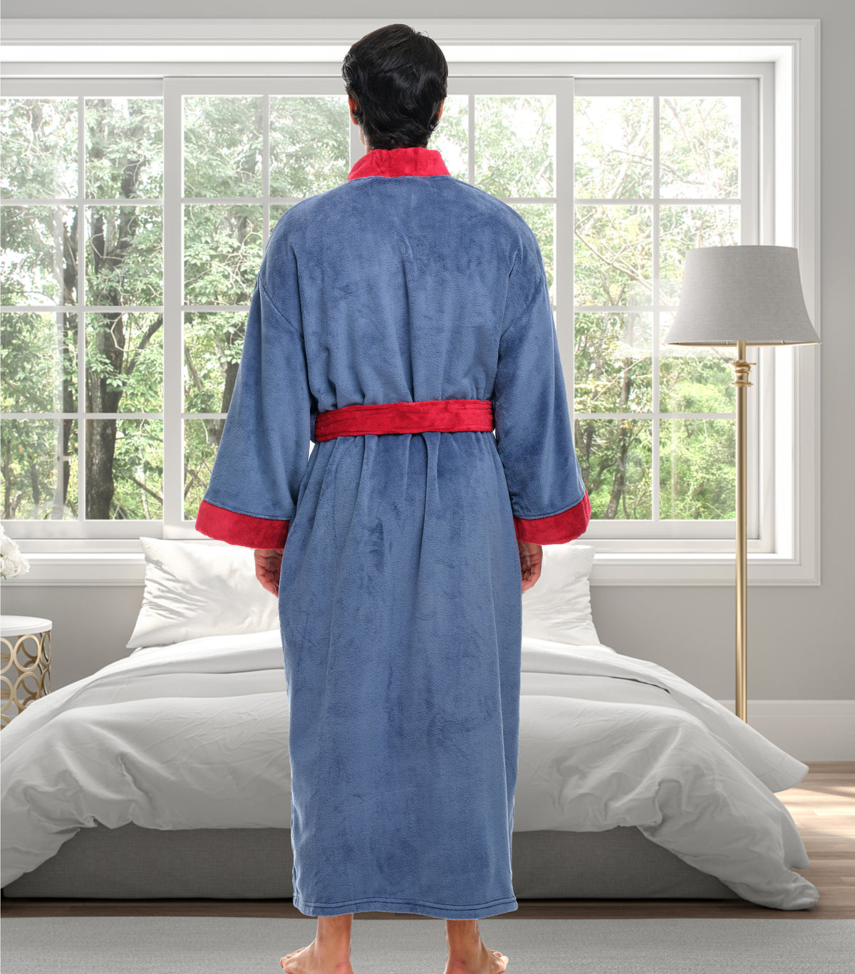 Mens Faded Blue & Burgundy Kimono Robe, Japanese Robe for Men