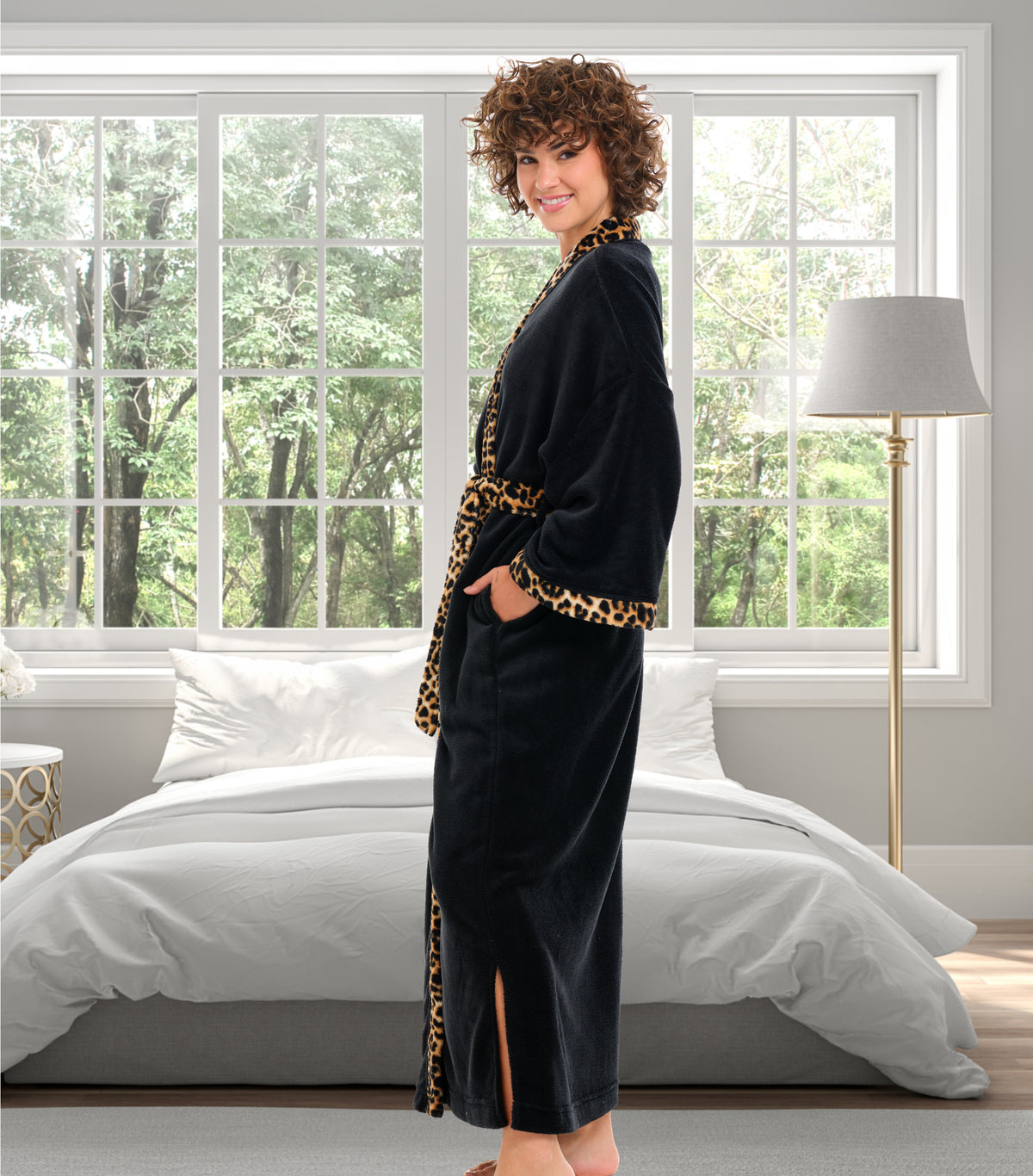 Womens Black with Leopard Print Accents Kimono Robe, Robe for Women
