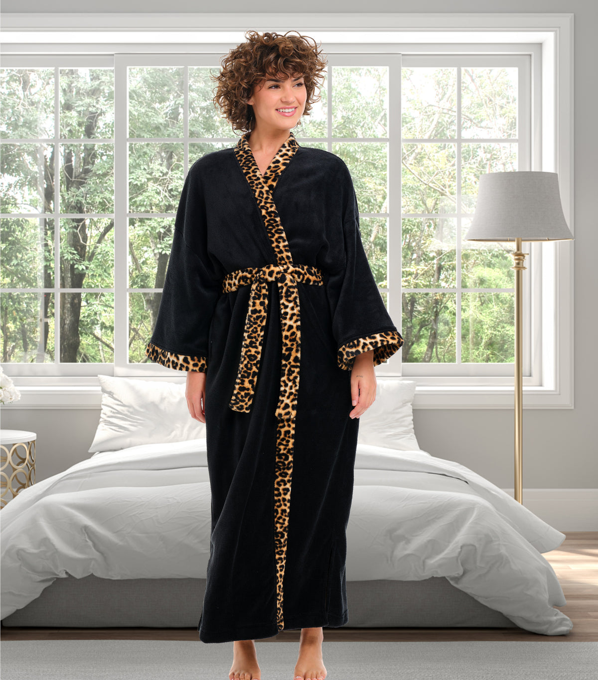 Womens Black with Leopard Print Accents Kimono Robe, Robe for Women