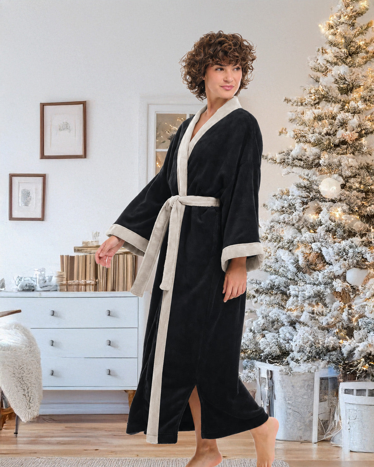 Womens Black with Sandstone Kimono Robe, Robe for Women
