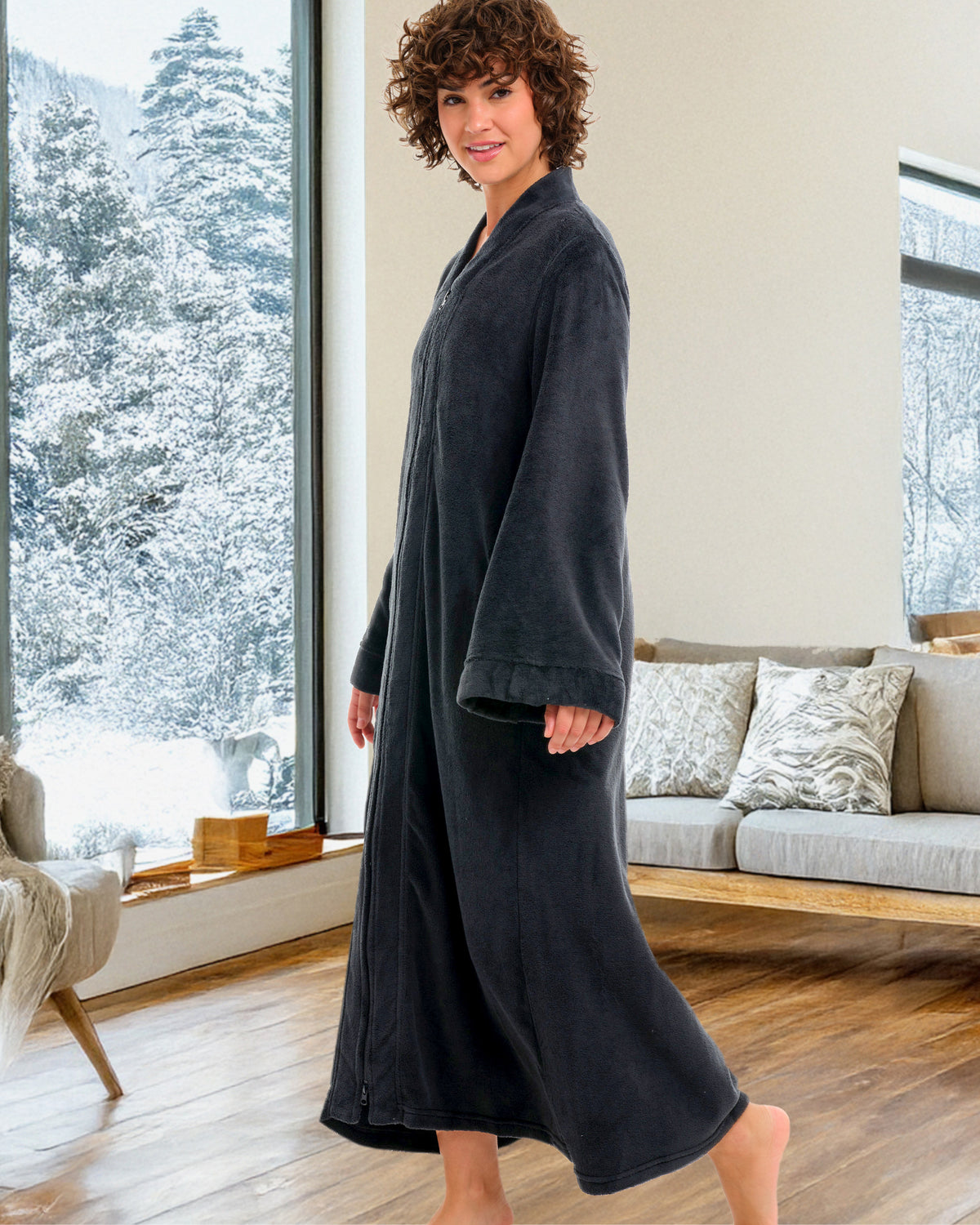 Womens Graphite Gray Zip Up Kimono Robe, Japanese Robe for Women