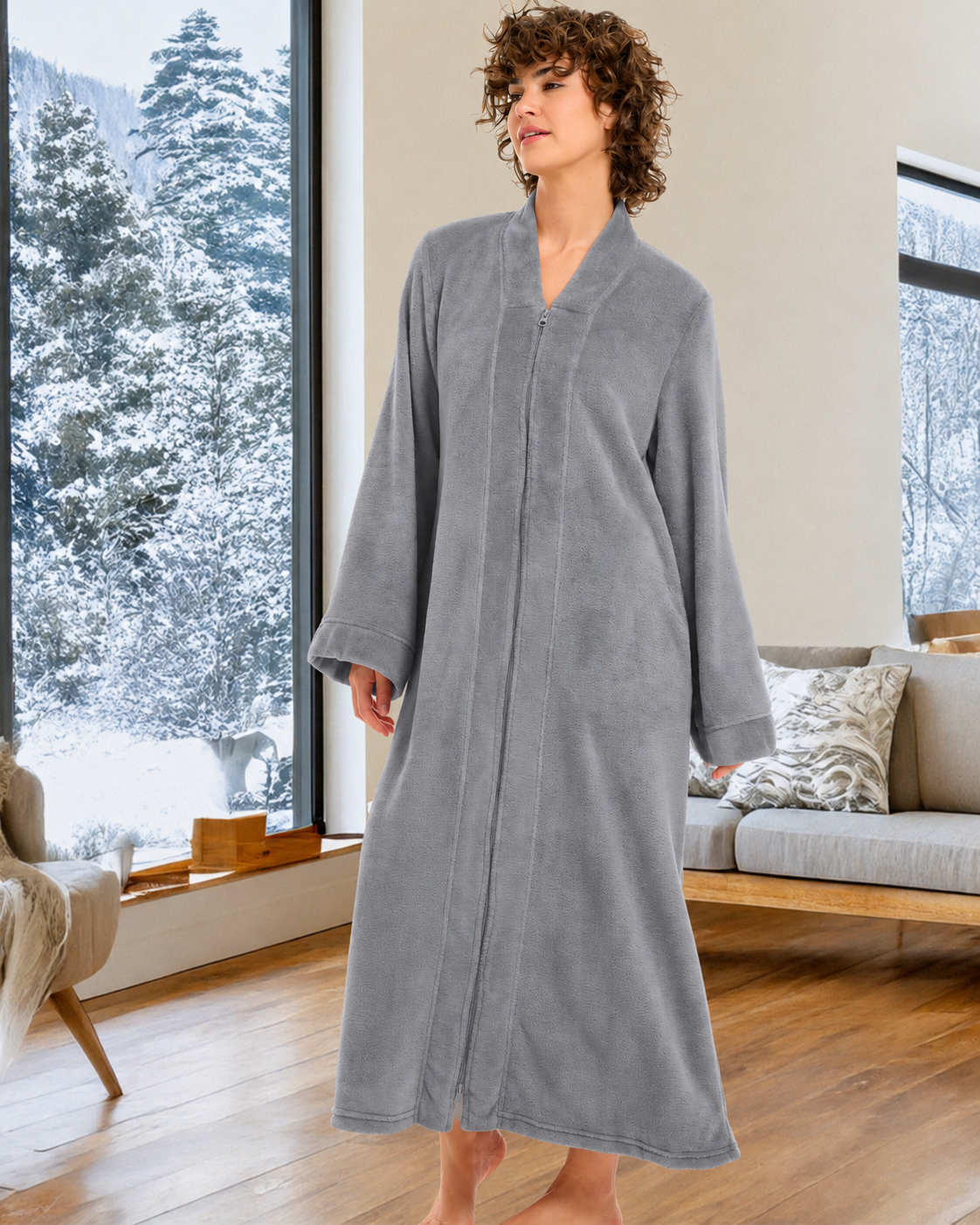 Womens Steel Gray Zip Up Kimono Robe, Japanese Robe for Women