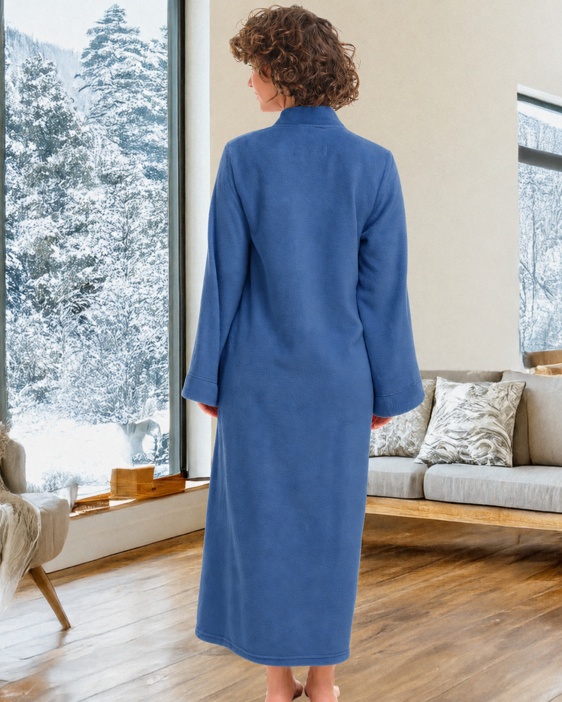Womens Muted Navy Blue Zip Up Kimono Robe, Japanese Robe for Women