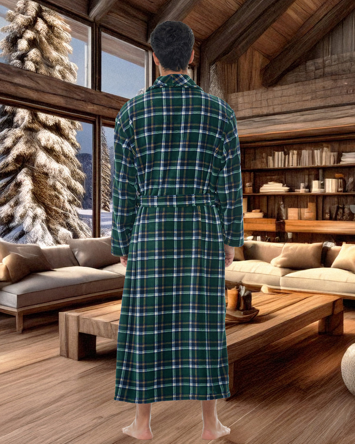 Men's Hunter Green Plaid Ultra Plush Fleece Robe, Big and Tall Winter Bathrobe