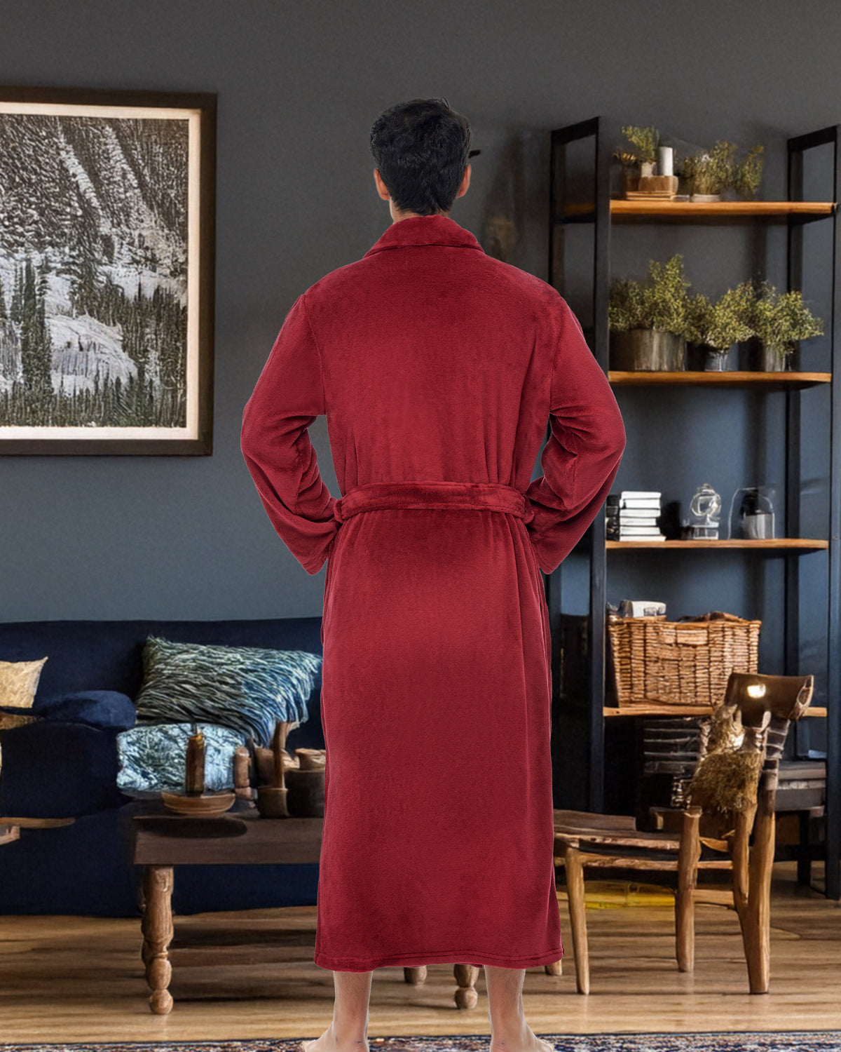 Men's Burgundy Ultra Plush Fleece Robe, Big and Tall Winter Bathrobe