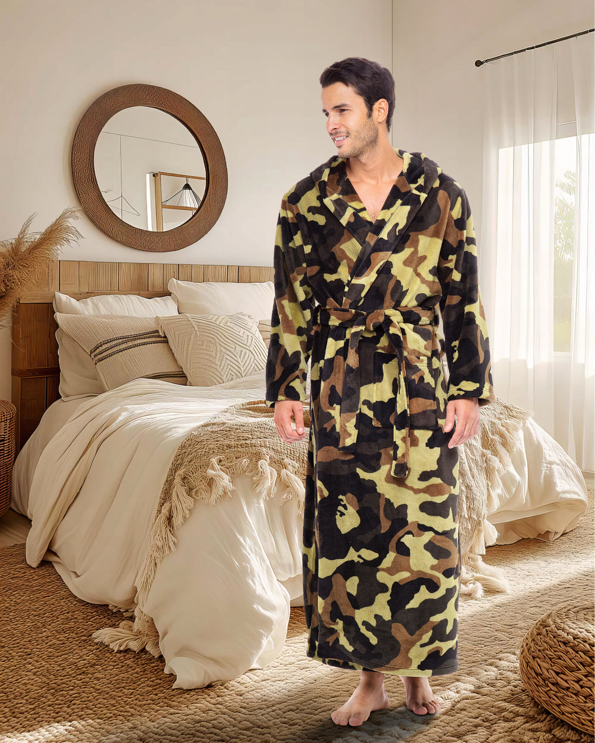 Men's Green Camouflage Plush Fleece Hooded Bathrobe, Full Length Long Warm Lounge Robe with Hood