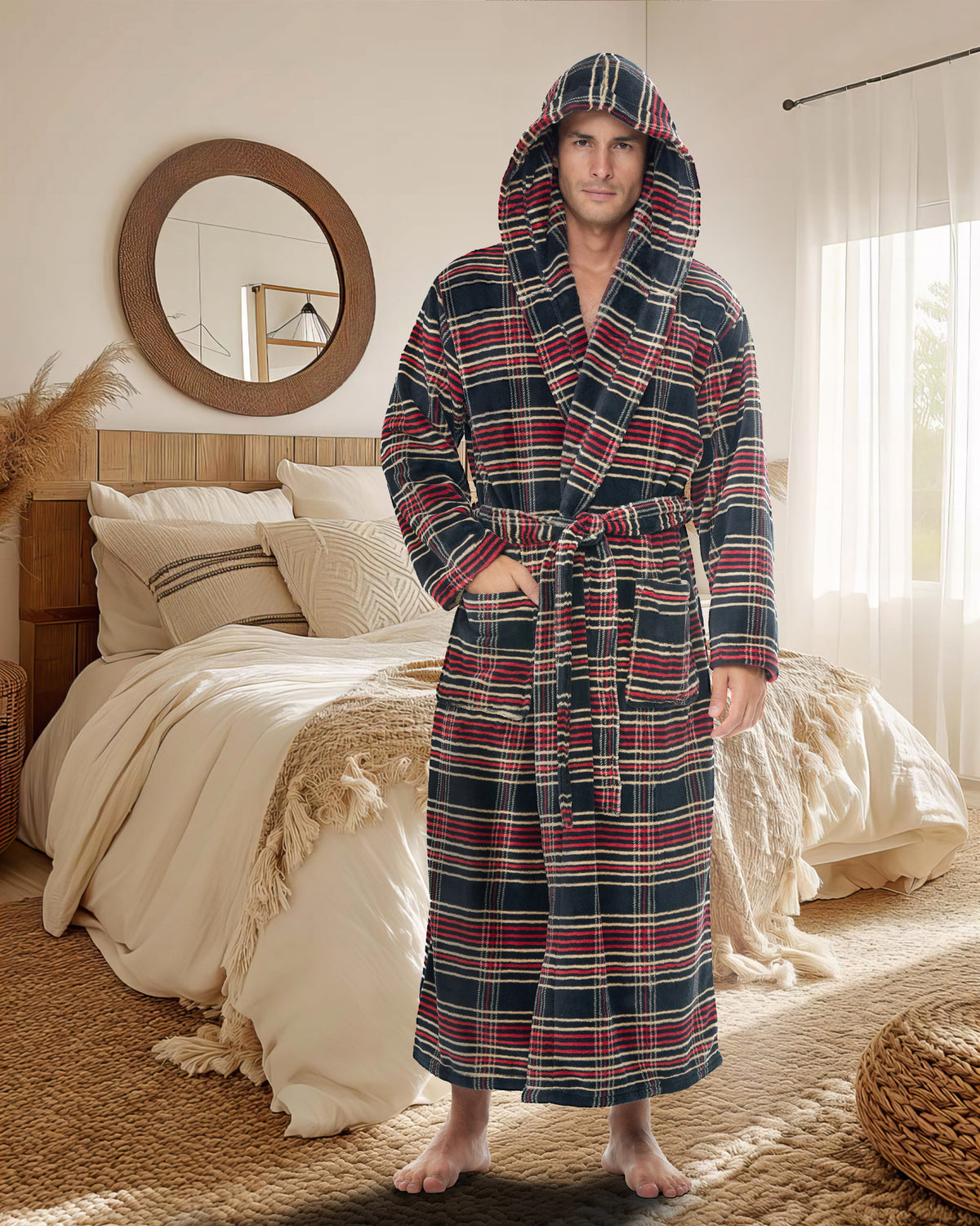 Men's Refined Tartan Plaid Plush Fleece Hooded Bathrobe, Full Length Long Warm Lounge Robe with Hood