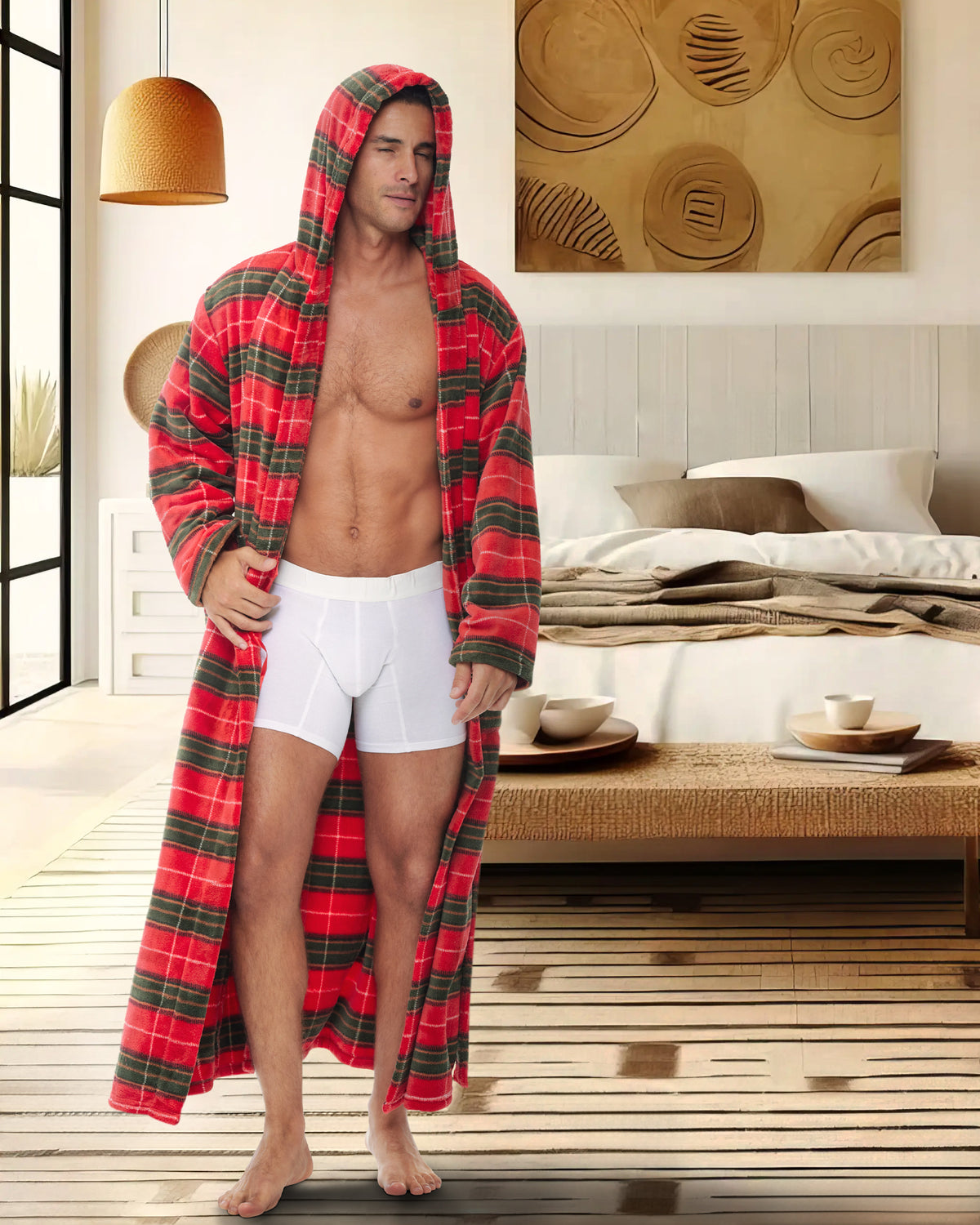 Men's Autumn Harvest Plaid Plush Fleece Hooded Bathrobe, Full Length Long Warm Lounge Robe with Hood