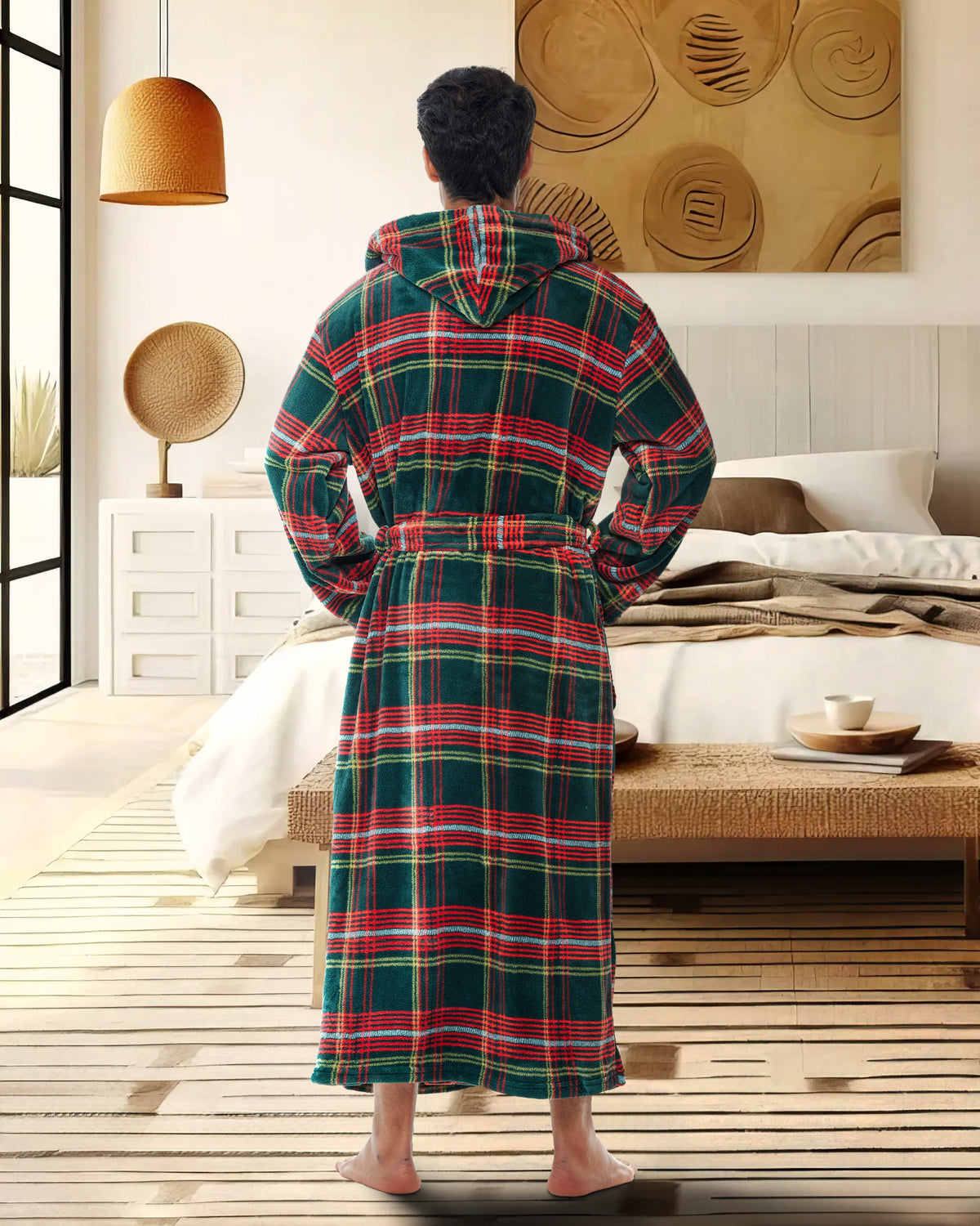 Men's Forest Plaid Plush Fleece Hooded Bathrobe, Full Length Long Warm Lounge Robe with Hood