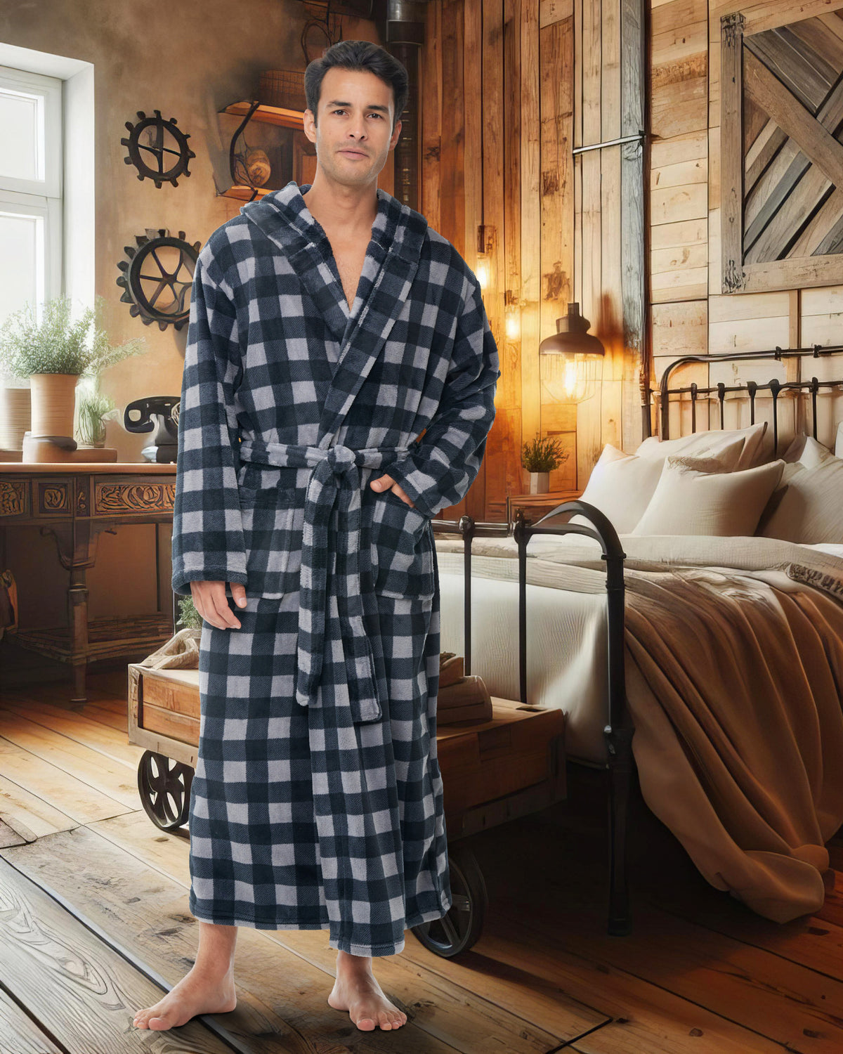 Men's Gray Buffalo Check Plush Fleece Hooded Bathrobe, Full Length Long Warm Lounge Robe with Hood