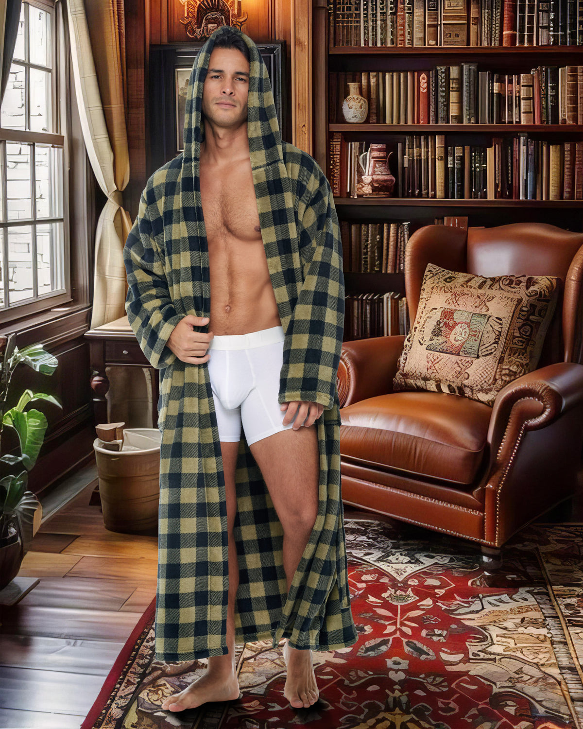 Men's Military Buffalo Check Plush Fleece Hooded Bathrobe, Full Length Long Warm Lounge Robe with Hood